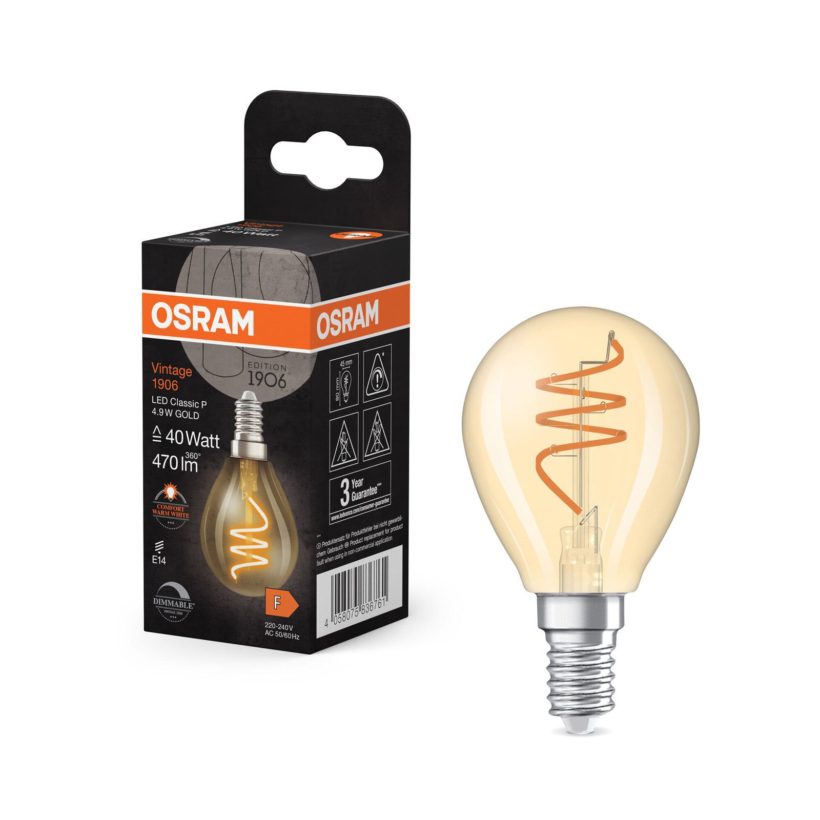 OSRAM LED Vintage P40 E14 4,9W 922 Spiral Filament gold dæmpbar