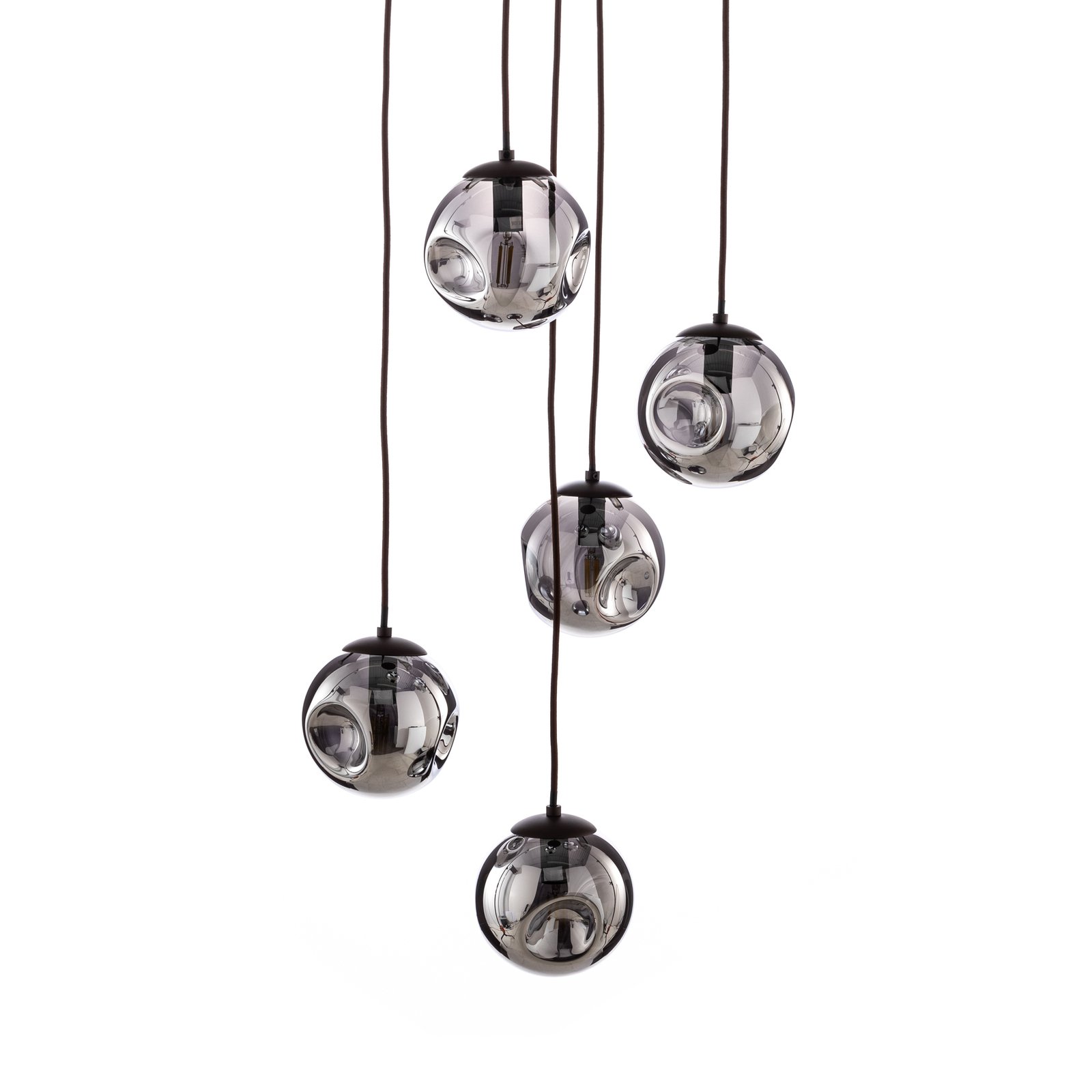 Lindby hanglamp Valentina, glas, rookgrijs, rond, 5-lamps.