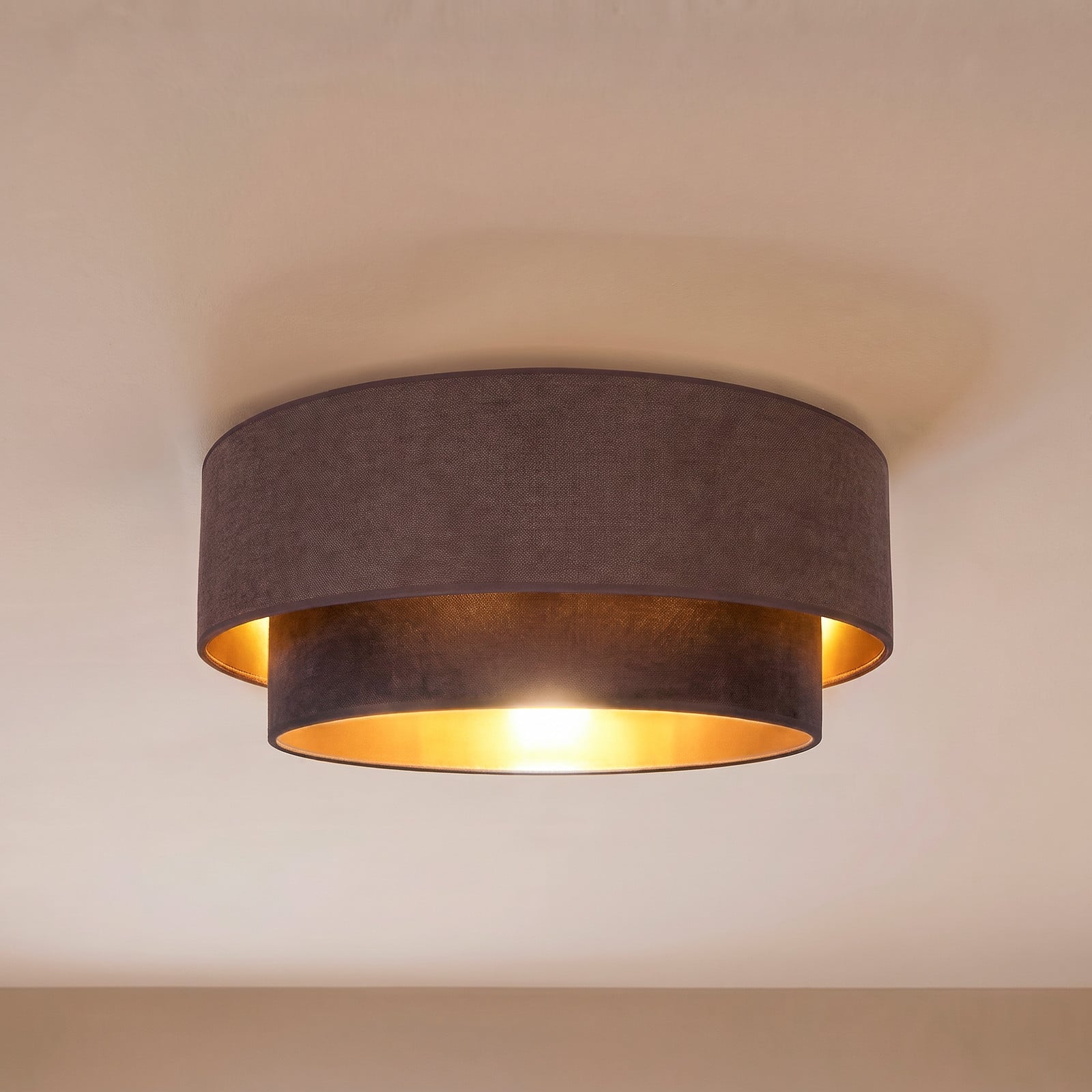 Boho-taklampa, brun/guld, Ø 60 cm, textil, E27 – Duolla - Hall - Ung livsstil - Tyg / textil - Plafond