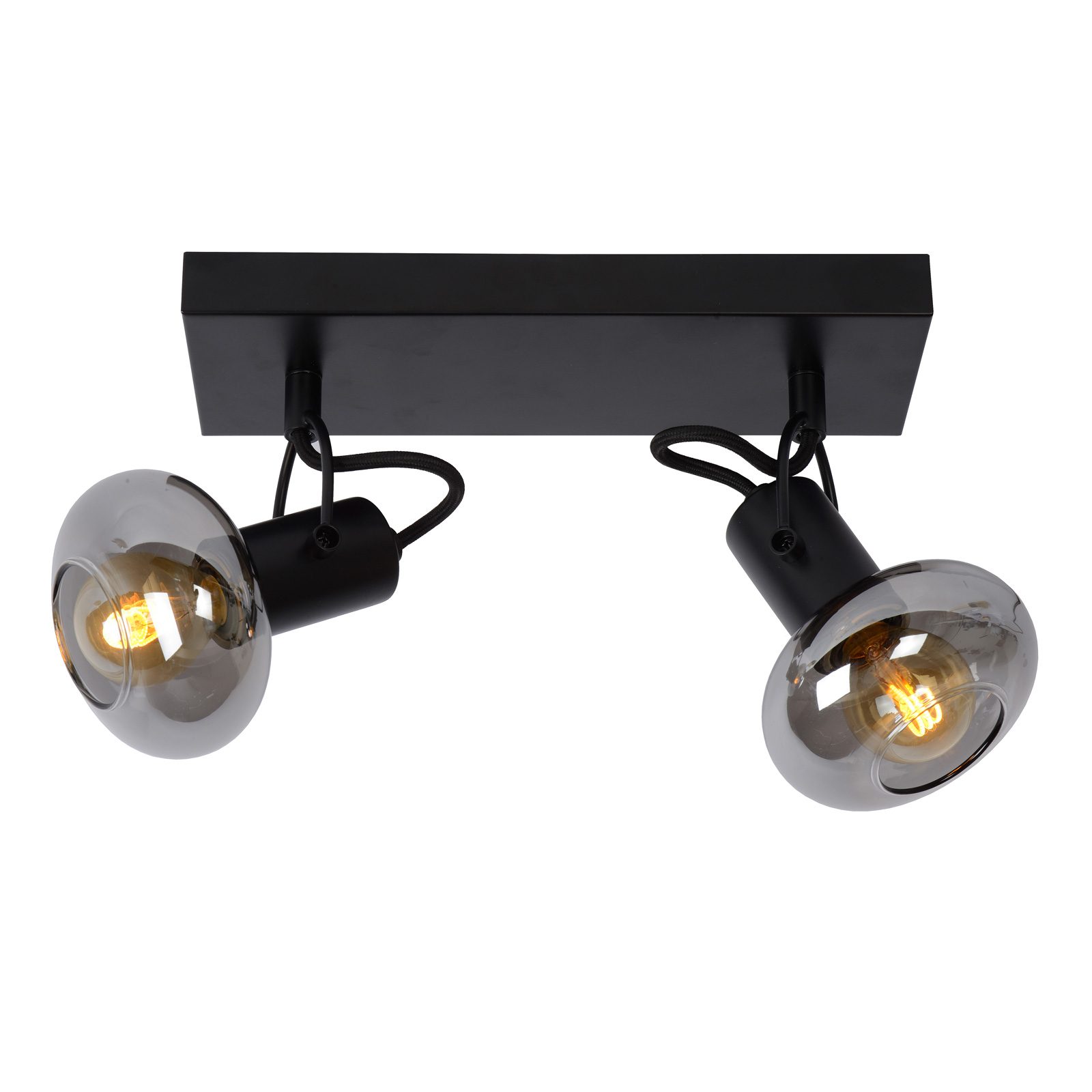 Lucide Madee ceiling spotlight, black/smoke, two-bulb, for Living / Dining Room, metal, glass, E14, 25 W, energy efficiency: A++, L: 26 cm, W: 9 cm, H: 18 cm