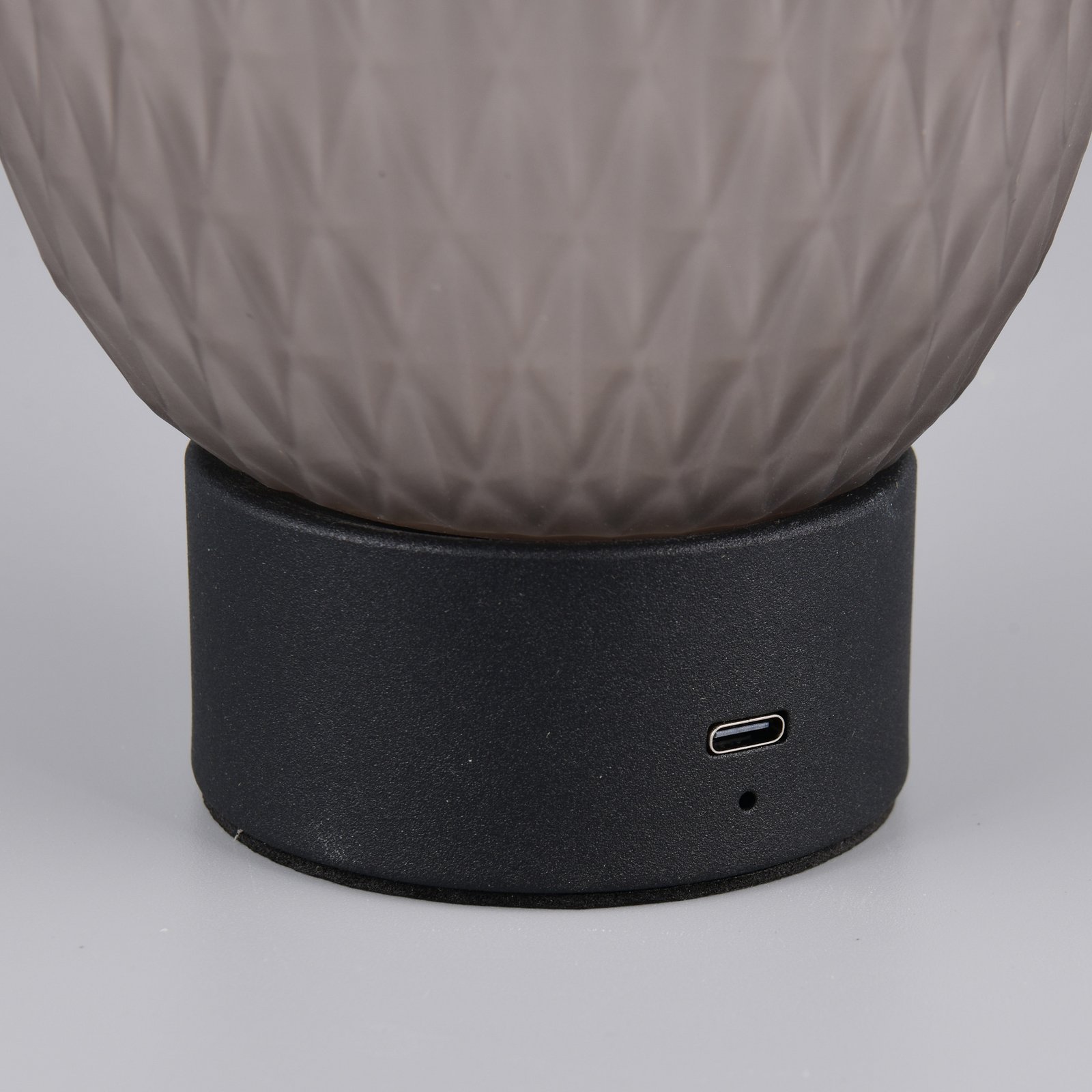 LED rechargeable table lamp Facette, smoky grey, USB, glass