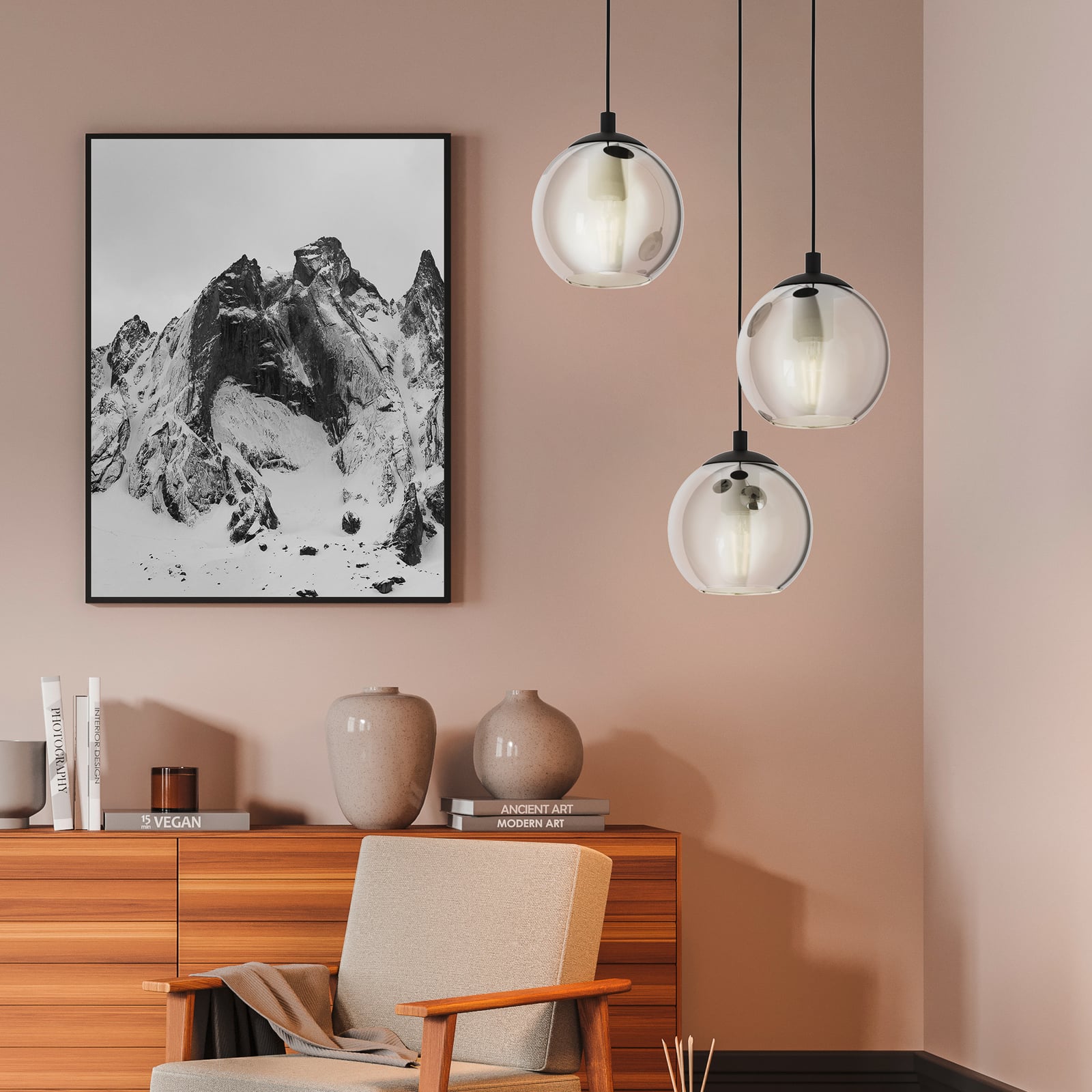 Suspension Ariscani, gris fumé, Ø 43 cm, à 3 lampes, verre, E27