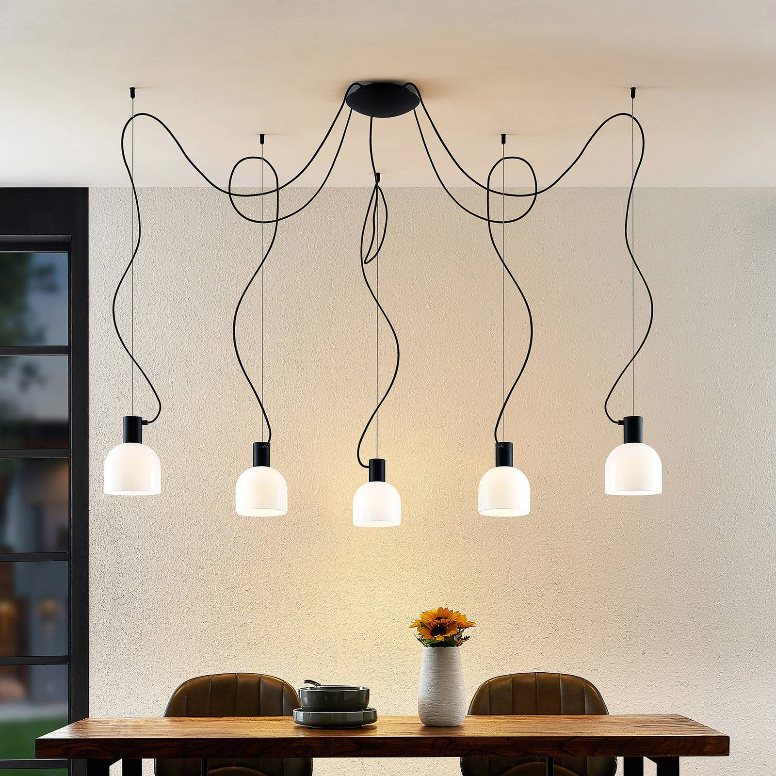 Lucande Serina hanglamp, 5-lamps, glas wit