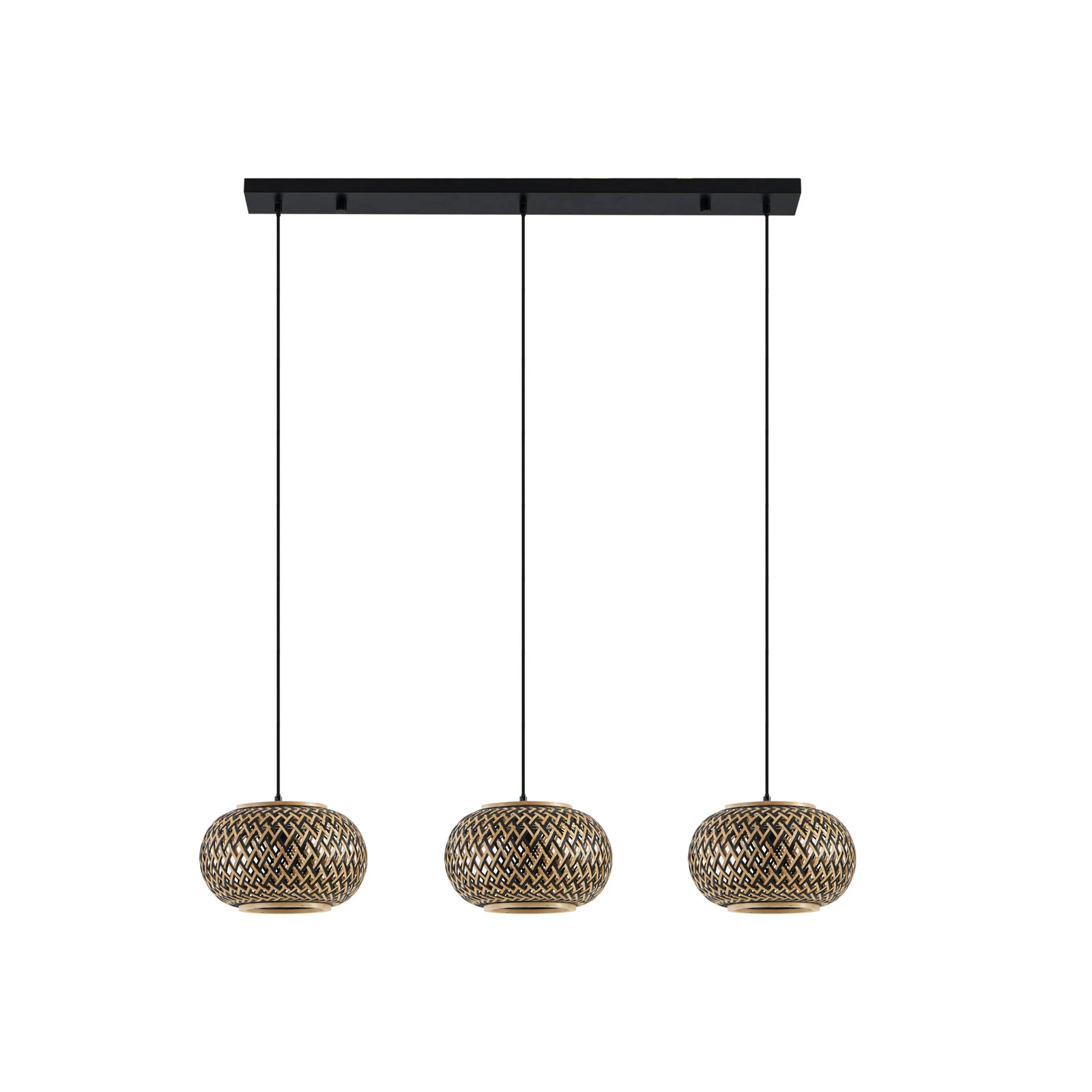 Závěsné svítidlo Lindby Nerys, 3 světla, černá, bambus, 1 120 cm