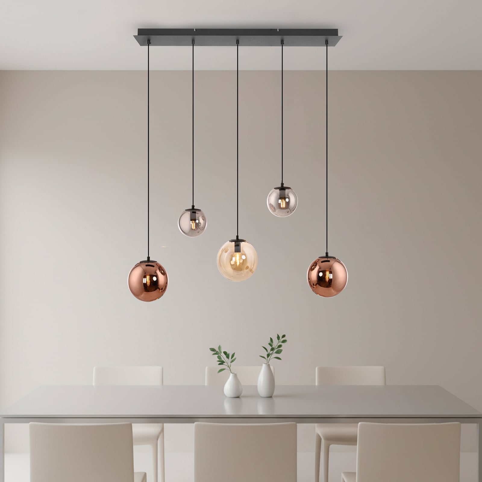 Shiny pendant light, 5-bulb, long, multicoloured, glass, E14 Shiny pendant light, 5-bulb, long, multicoloured, glass, E14