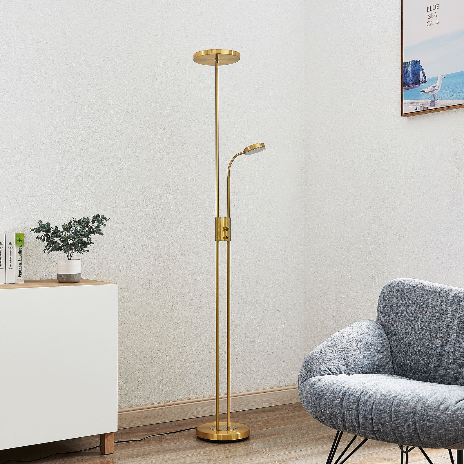Seppa LED Floor Lamp Round Matt Brass - Lindby