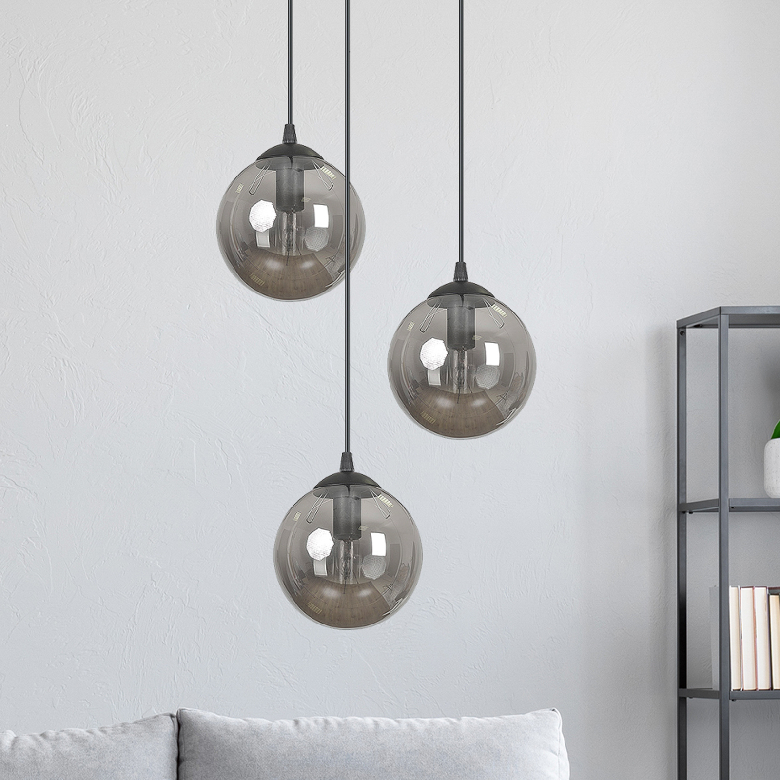 Suspension Glassy, 3 lampes, ronde, verre graphite