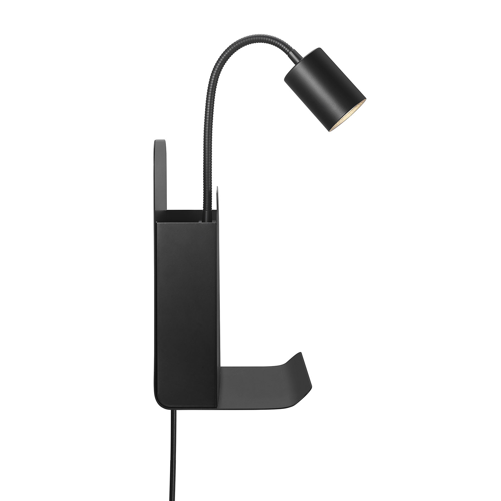Roomi sienas gaismeklis ar plauktu un USB, melns