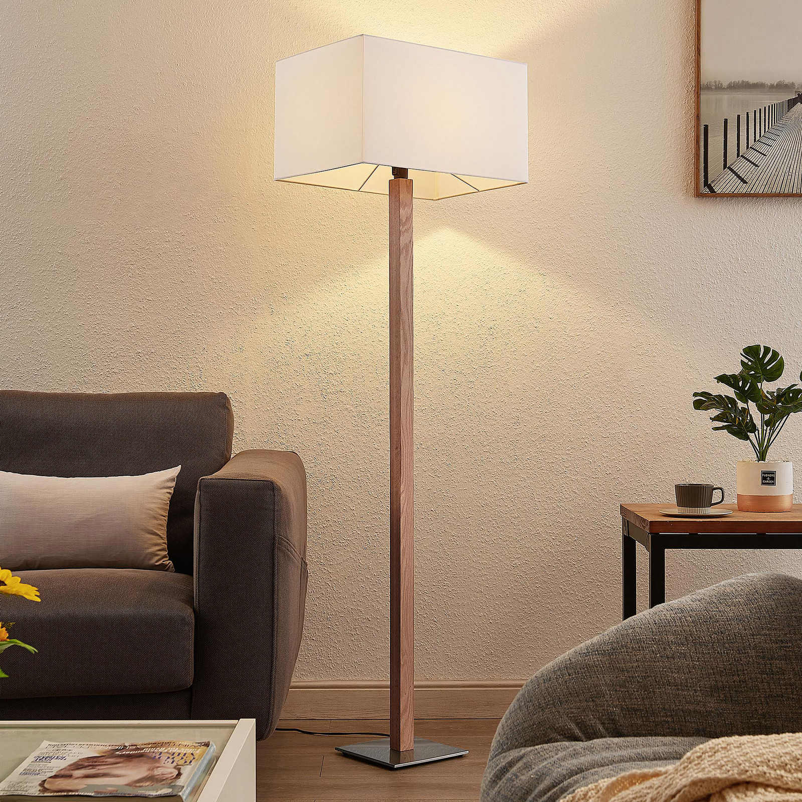 Lucande Heily lampadar lemn unghiular alb - Camera de zi / sufragerie - Scandinavă - nichel alb lemn deschis - Metal