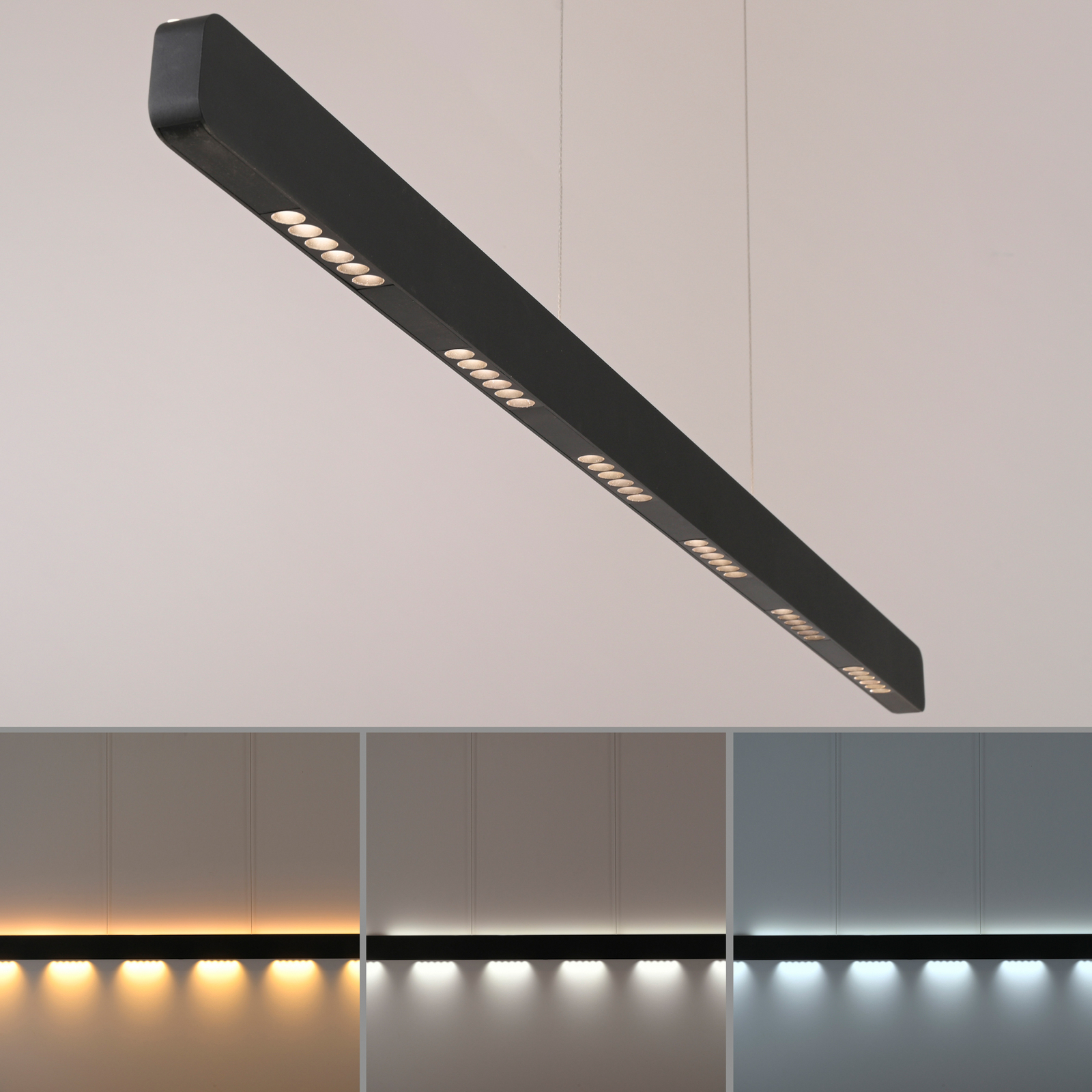 Lámpara colgante LED Q-Stretto de Paul Neuhaus, negra, 120 cm