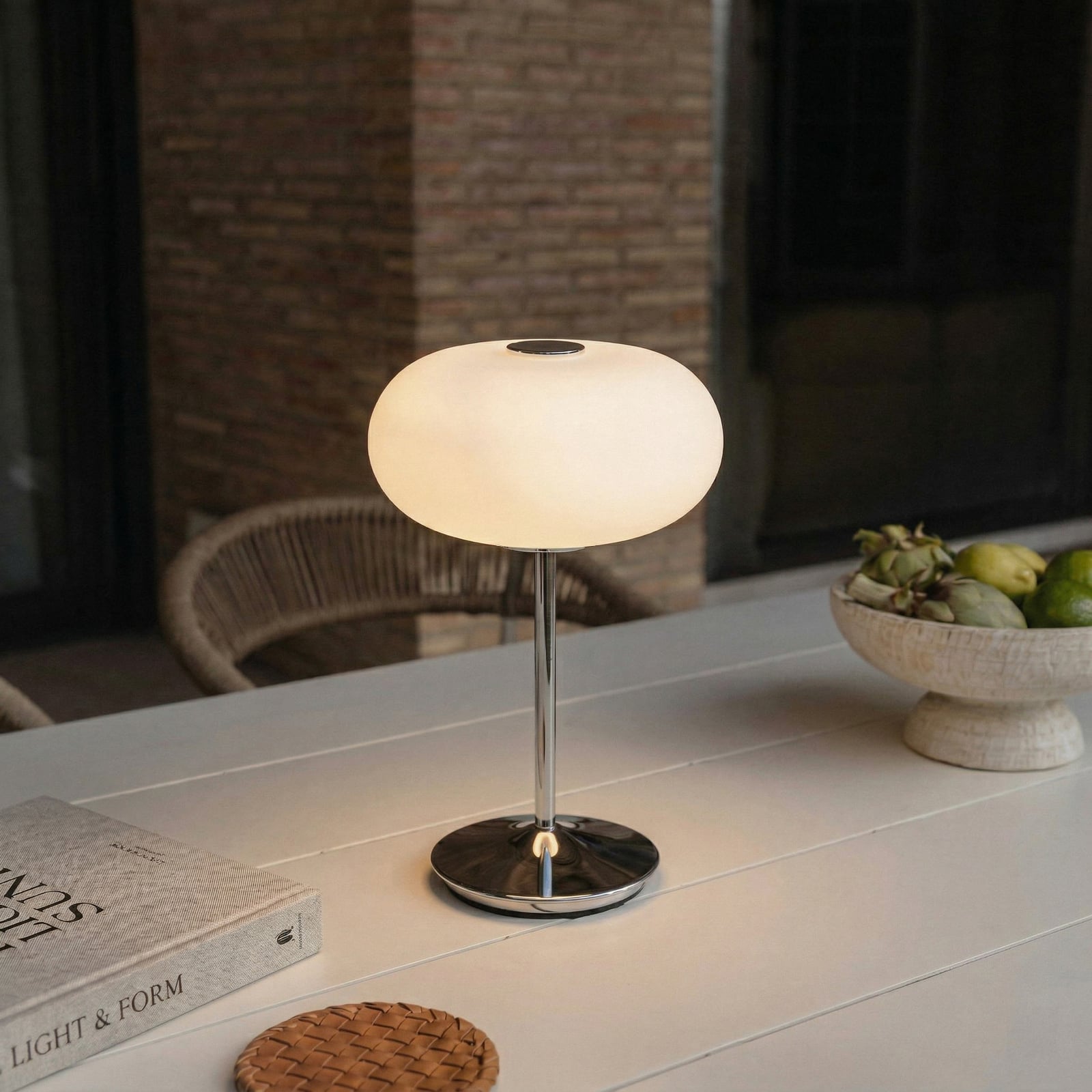 Lucande Anoria LED rechargeable table lamp, chrome/white, glass, IP44, USB