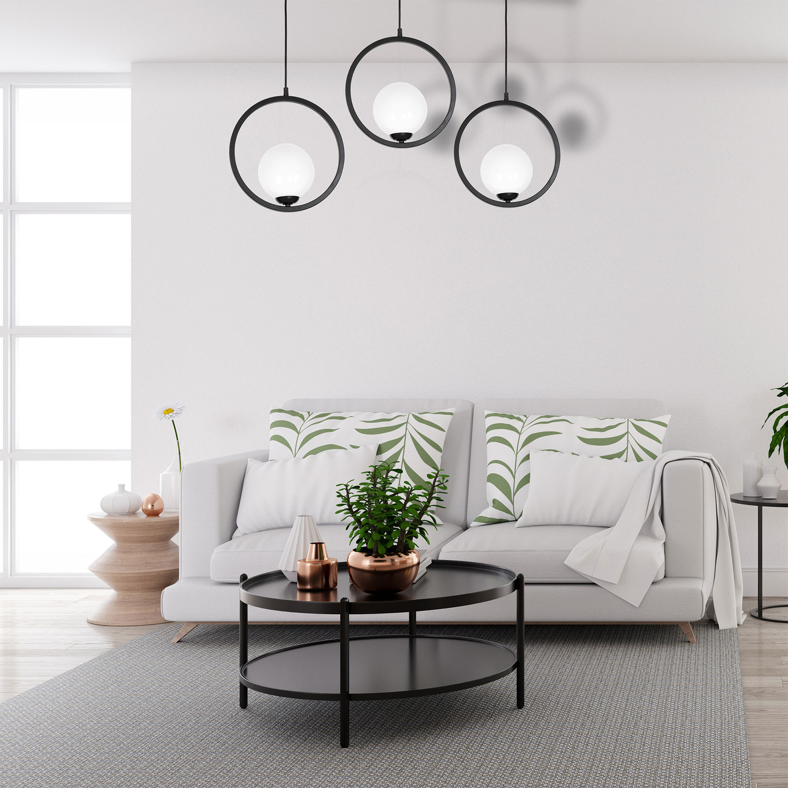 Boston pendant light, 3 glass lampshades standing