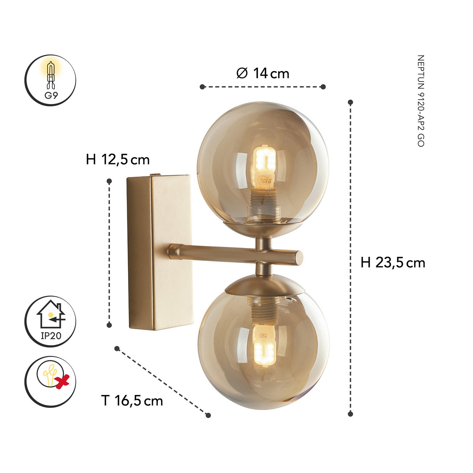 Wandlamp Neptun 2-lamps goud met glasbollen