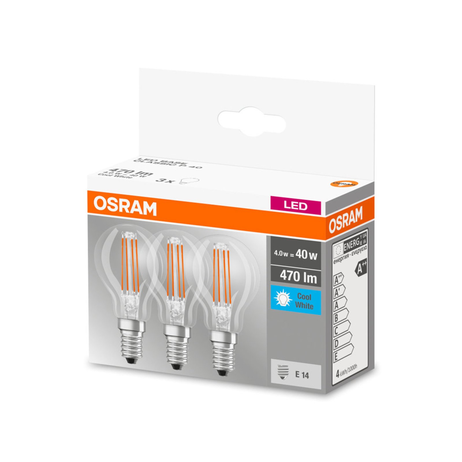 OSRAM LED-pære E14 P40 4 W filament 827 470lm 3stk