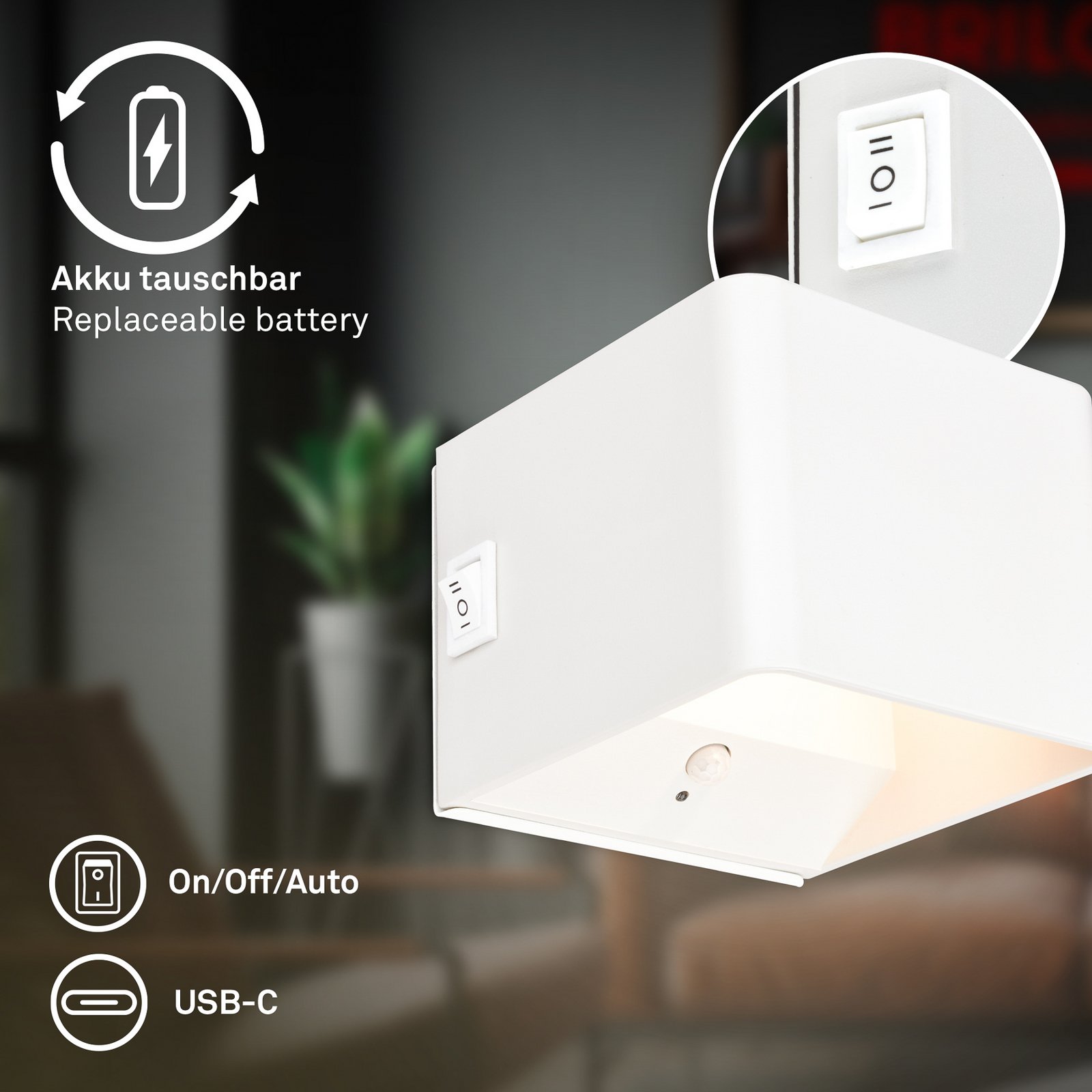 LED-akutoitega seinavalgusti Barro, valge, laius 8 cm, metall, andur