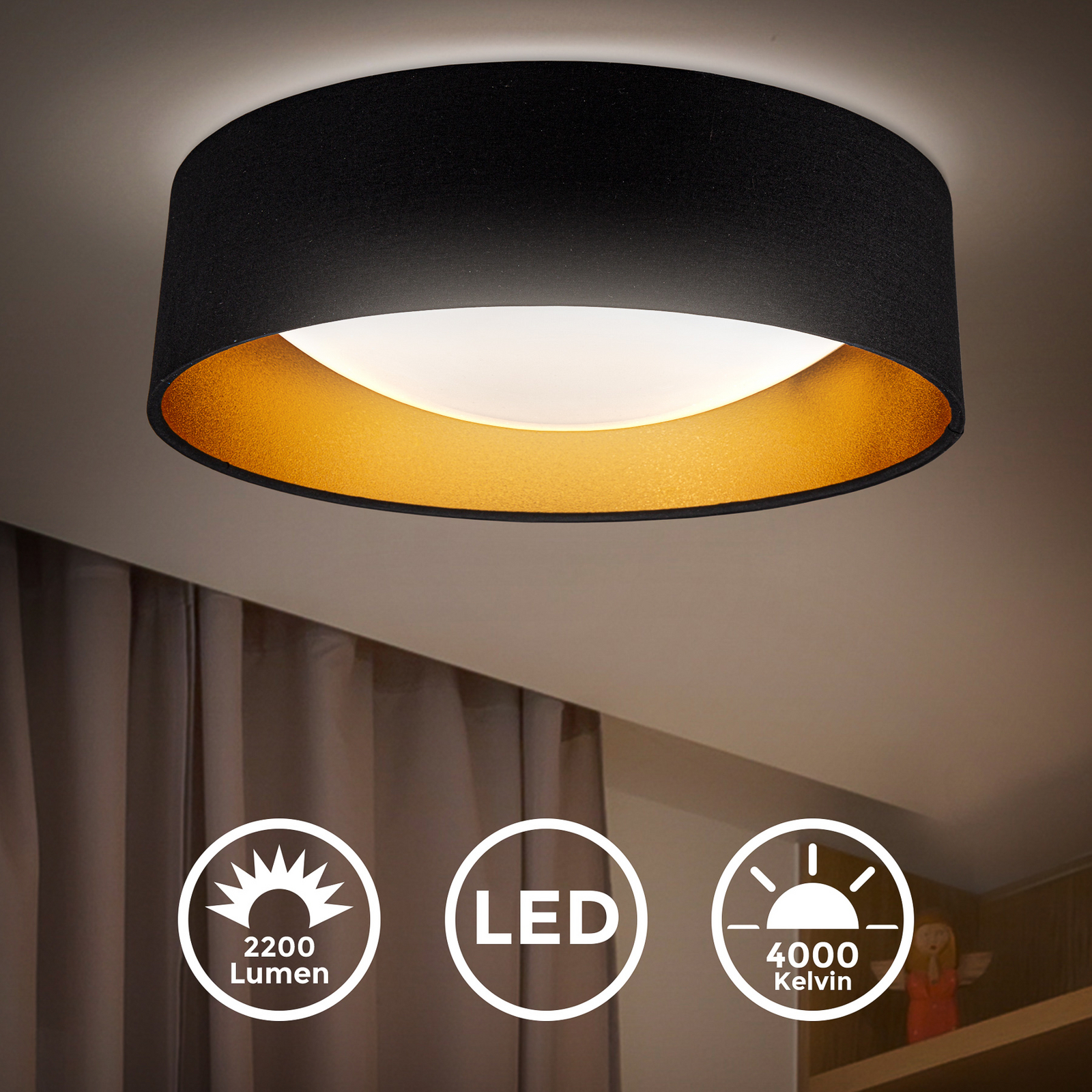 LED plafondlamp Kari, zwart/goud, textiel, 4.000 K LED plafondlamp Kari, zwart/goud, textiel, 4.000 K