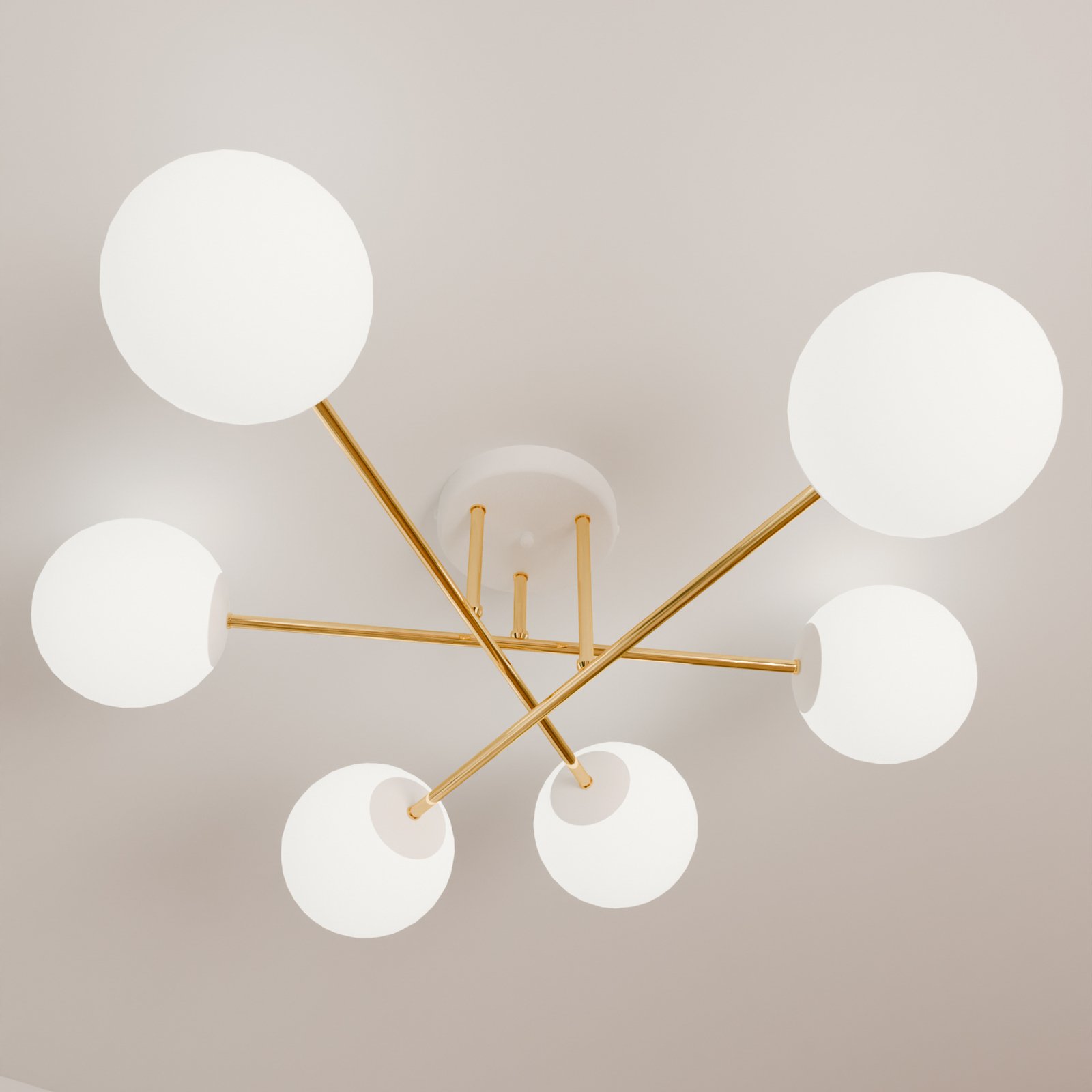 Glassy loftslampe, 6-lys, hvid/guld/opal