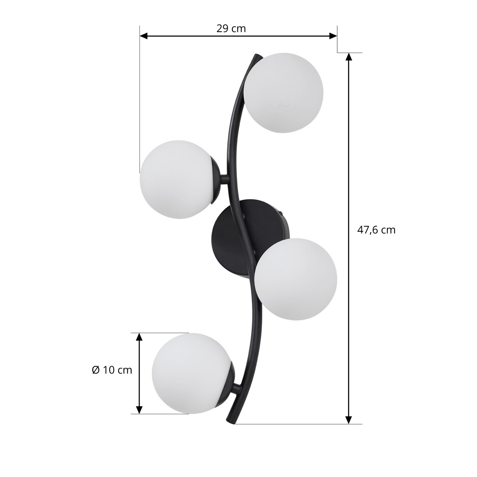 Lindby vägglampa Josiana, opal/svart, 48 cm, kula, glas