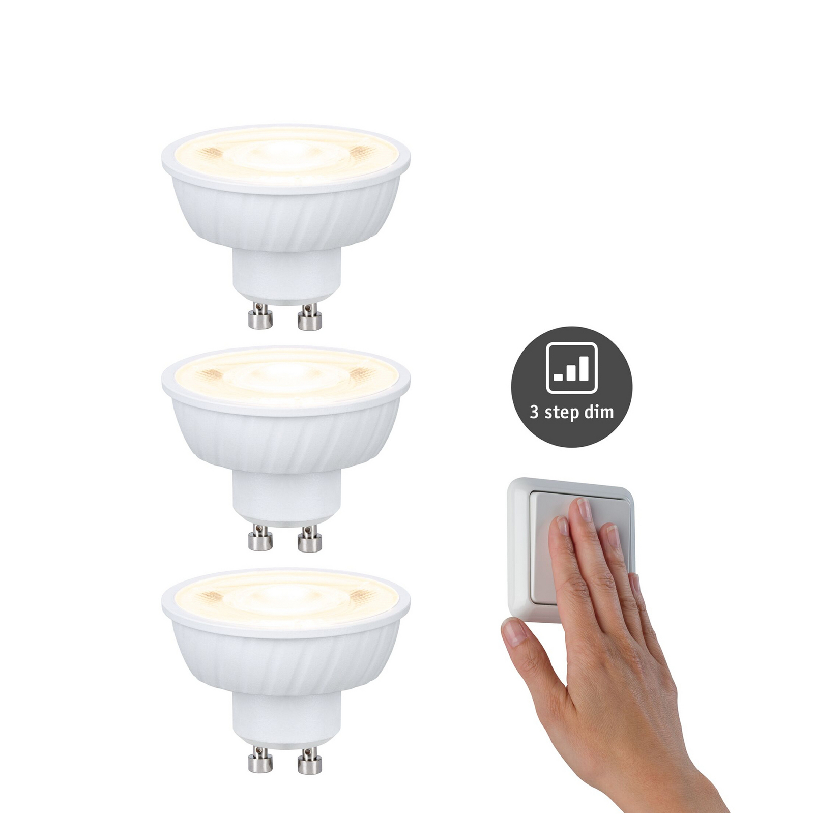 Lâmpadas LED Paulmann FLAT GU10 4,9 W 2 700 K com regulação gradual, conjunto Lâmpadas LED Paulmann FLAT GU10 4,9 W 2 700 K com regulação gradual, conjunto