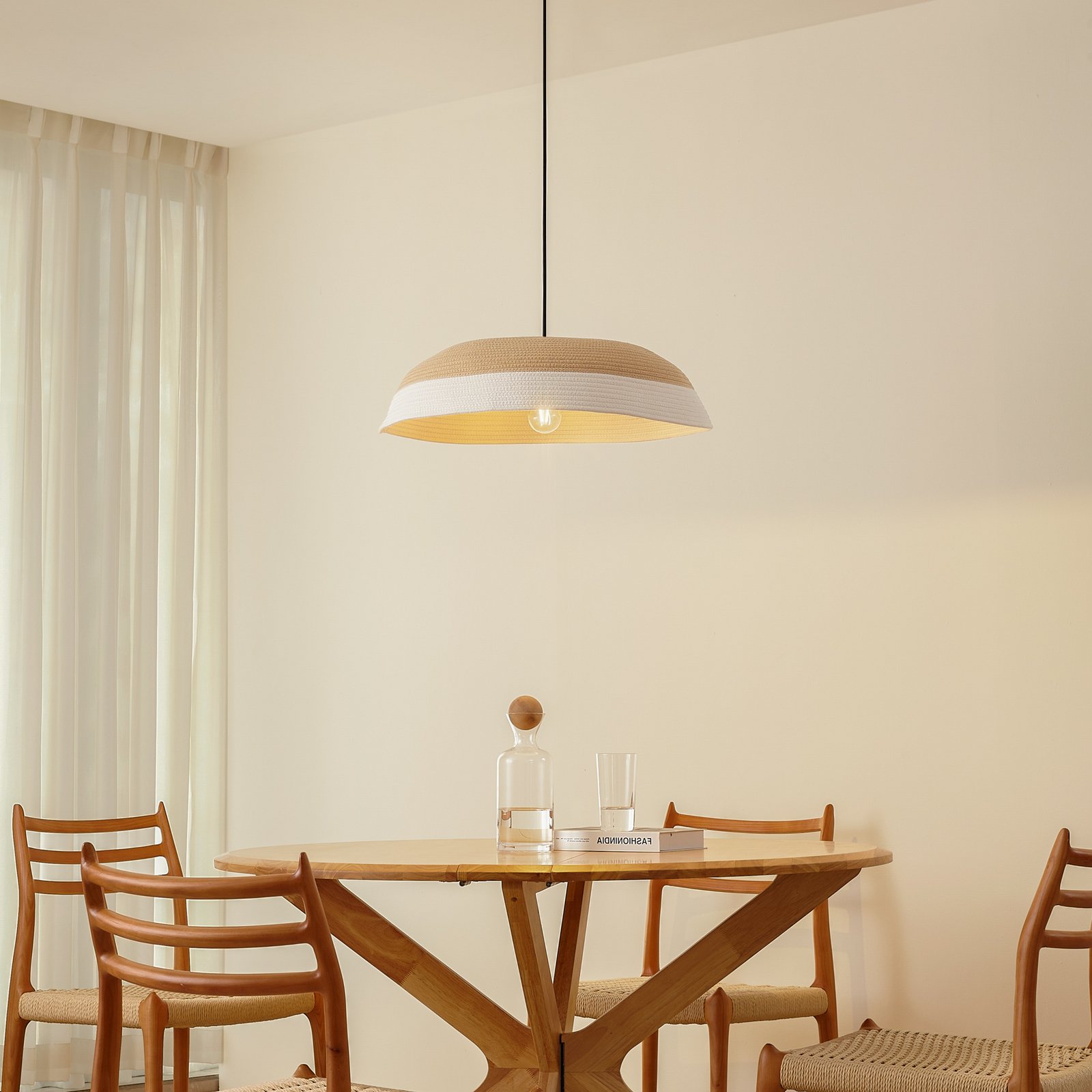 Lindby Hängeleuchte Caliva, Ø 60 cm, beige/weiß, Hanfseil