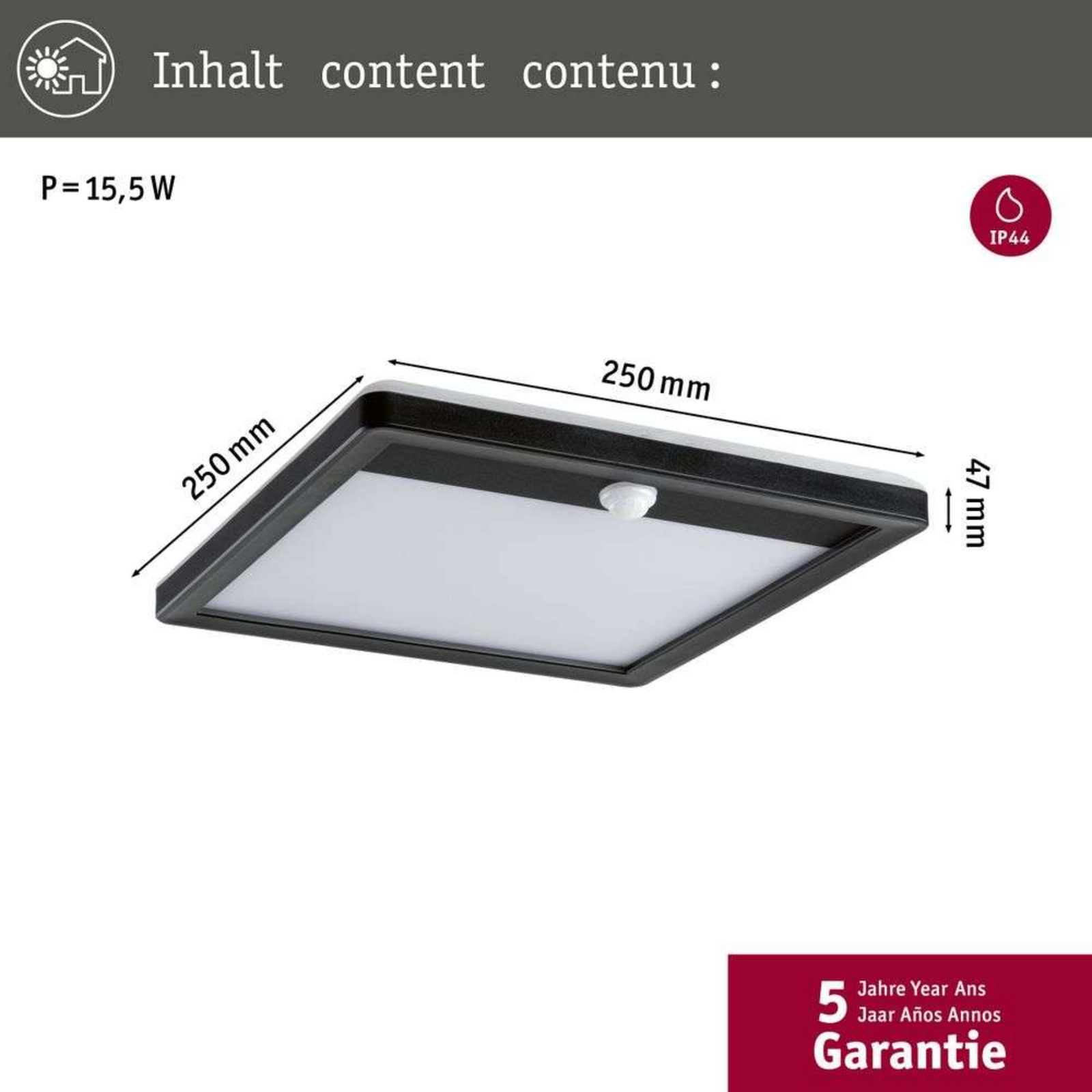 Lamina Aplică de Perete/Plafonieră de Exterior w/Sensor Square SWR Negru - Paulm