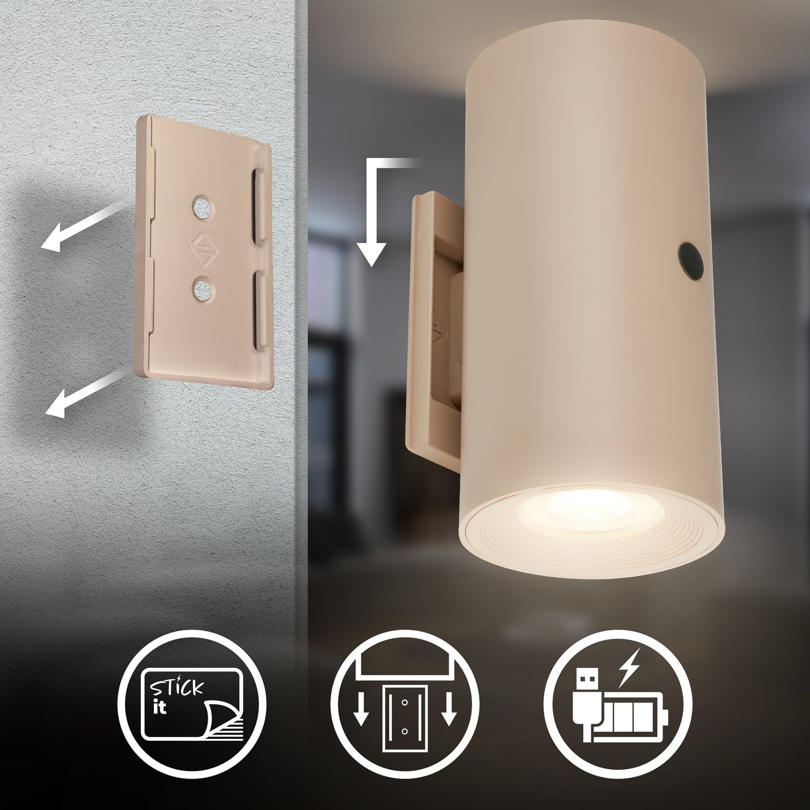 Isy LED zidna svjetiljka na baterije, bež, plastika, 3000 K