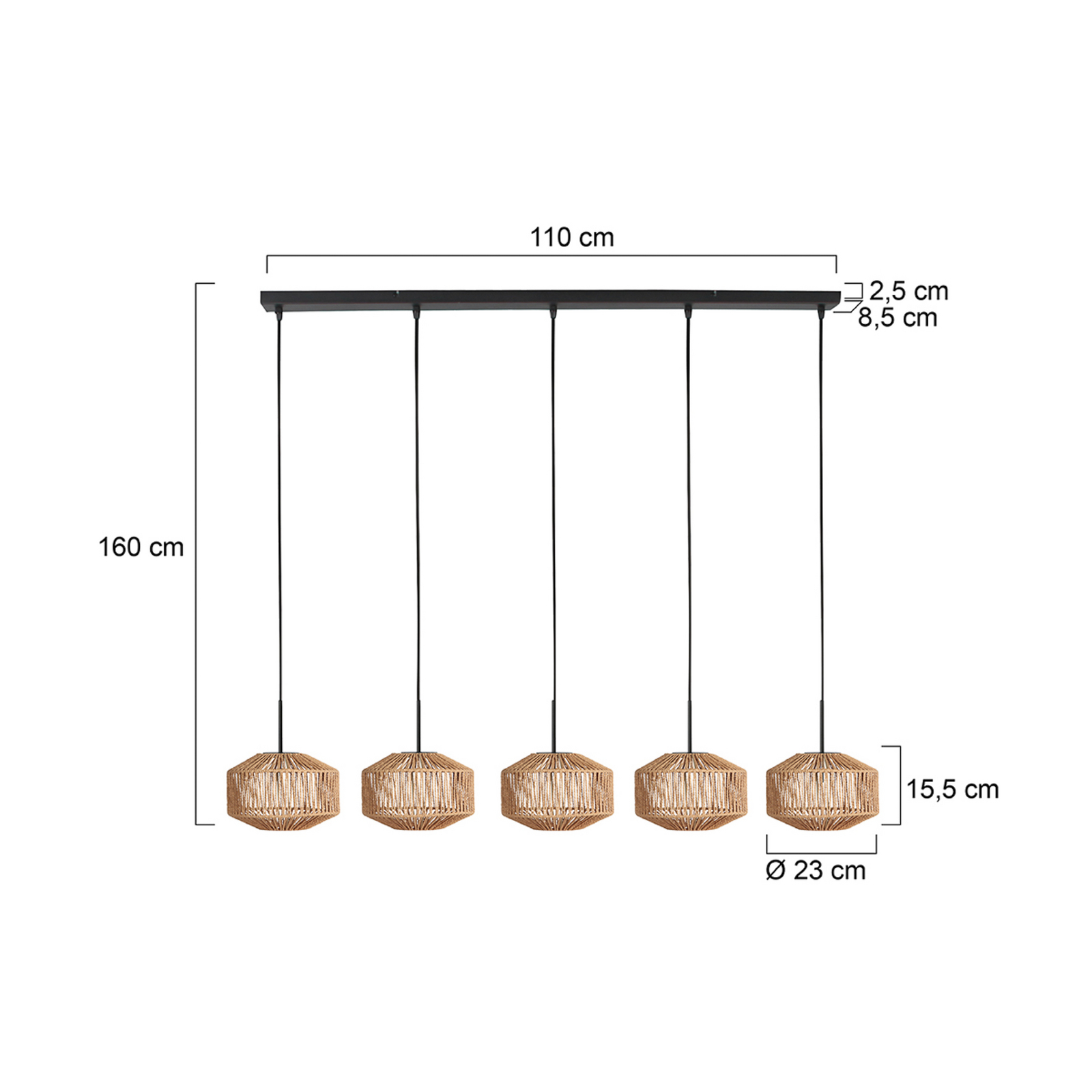 Suspension Ropex 4530, à 5 lampes, longue, noire, câble marron