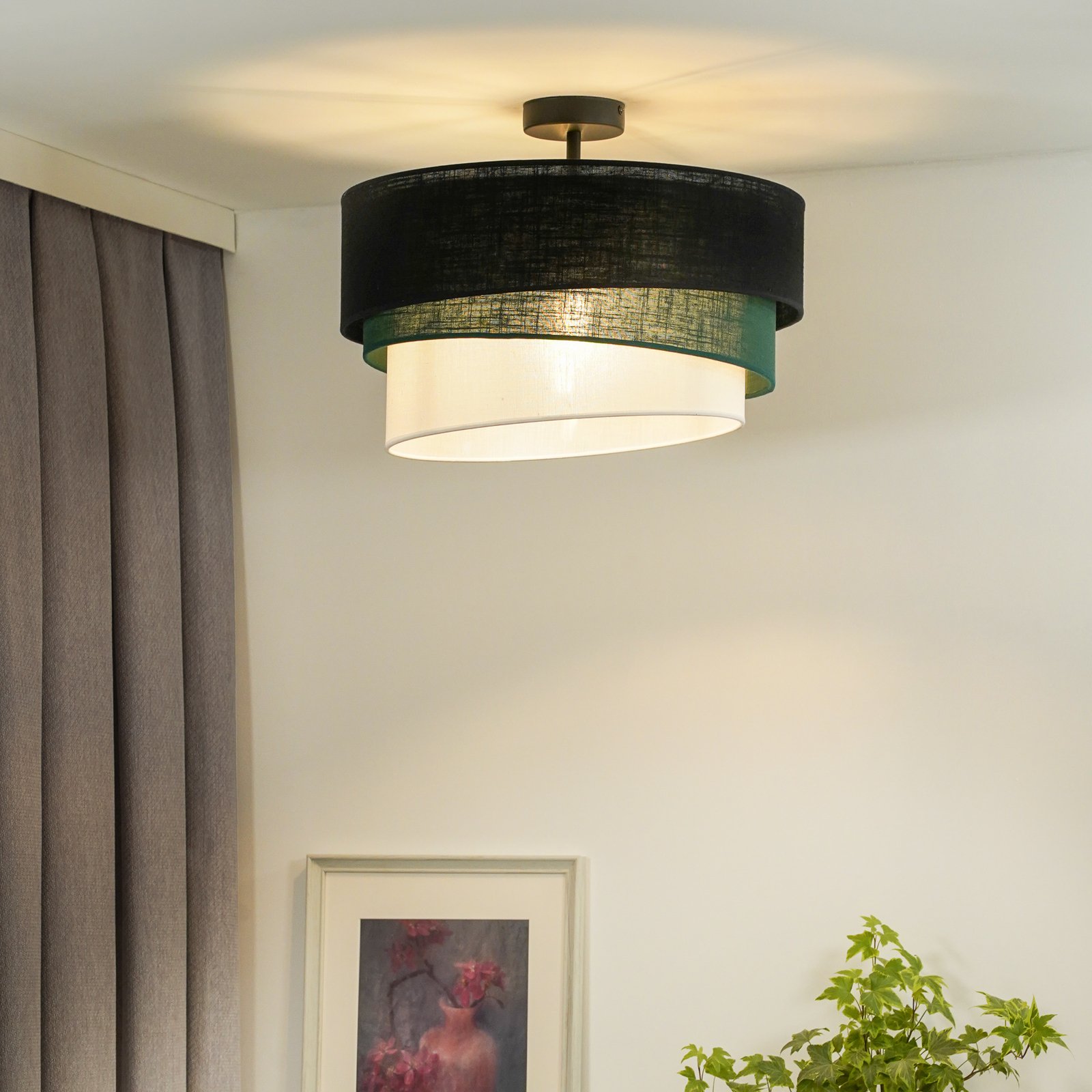 Plafondlamp Euluna Trio, zwart/groen/wit, textiel, Ø 45 cm