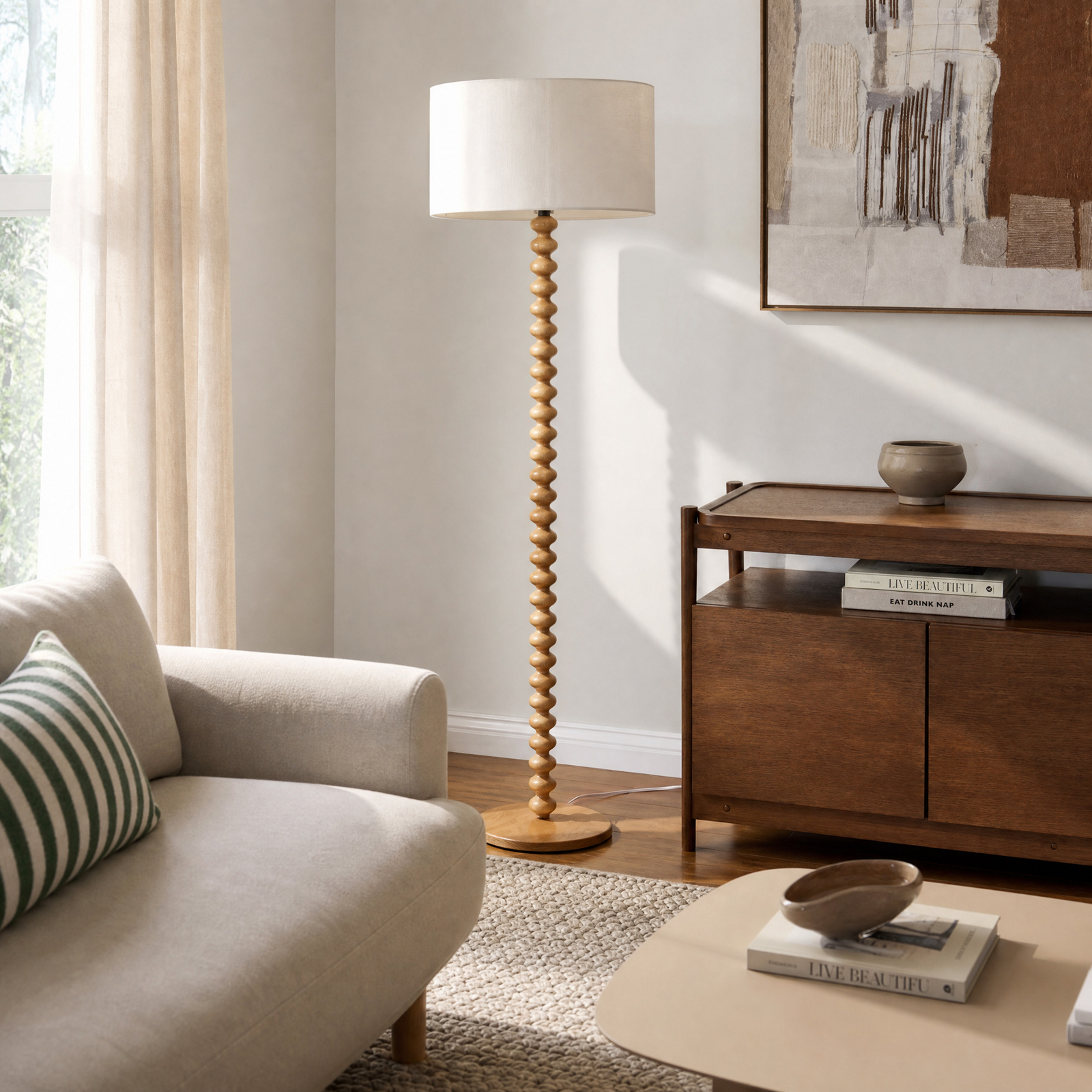 Lampe sur pied Karlie, blanc, bois, hauteur 155 cm, E27 - Lucande Lampe sur pied Karlie, blanc, bois, hauteur 155 cm, E27 - Lucande