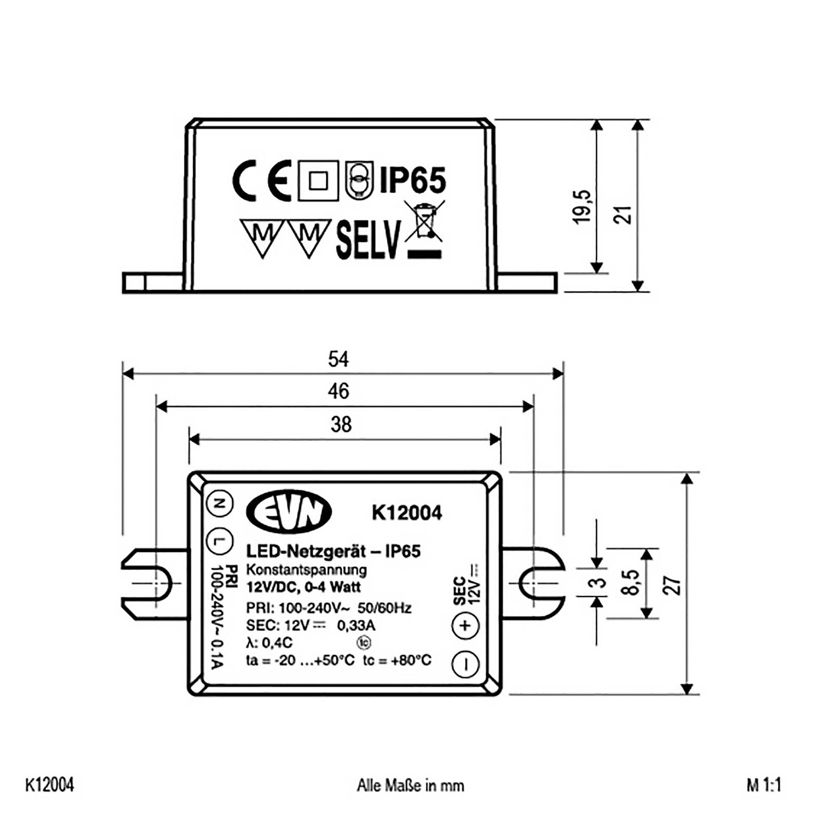 Zasilacz 12V/DC 0,1-4W, IP65, 100-240V/AC