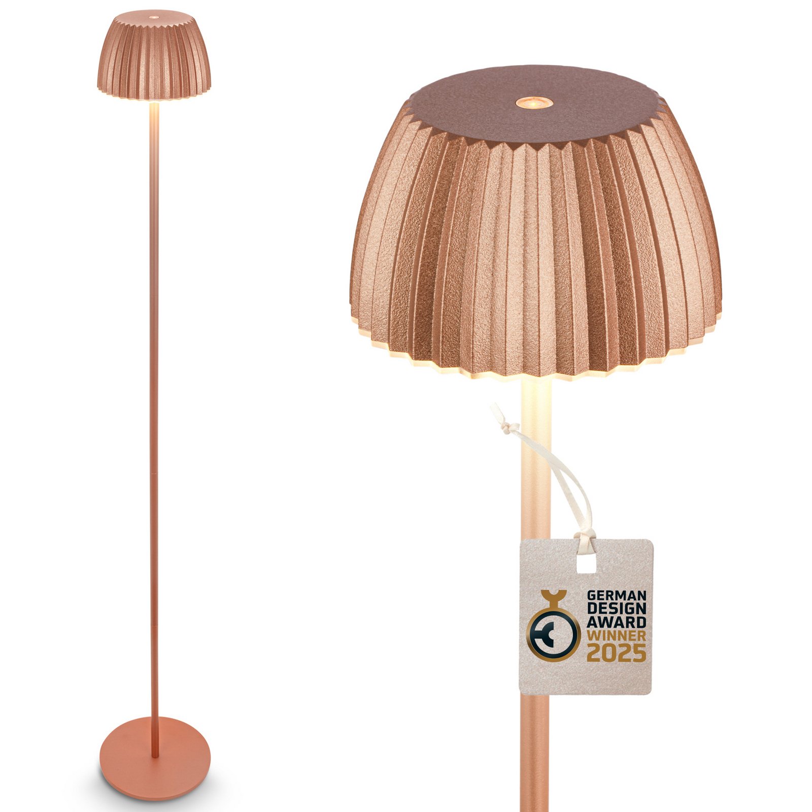LED dobíjecí stojací lampa Brilo unplugged Riffle, měděná barva