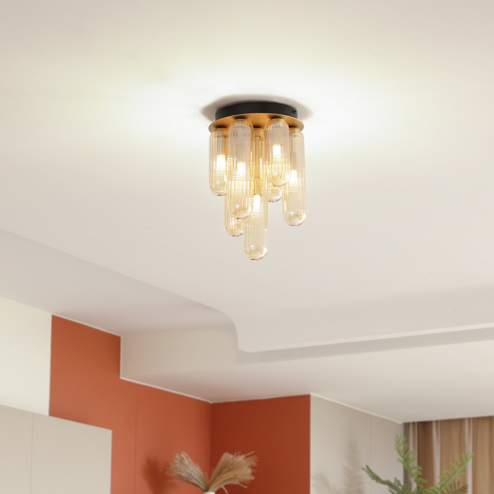 Plafonieră Lucande Freylin 7 lumini chihlimbar sticlă 23 cm - Camera de zi / sufragerie - Antichitate - chihlimbar negru