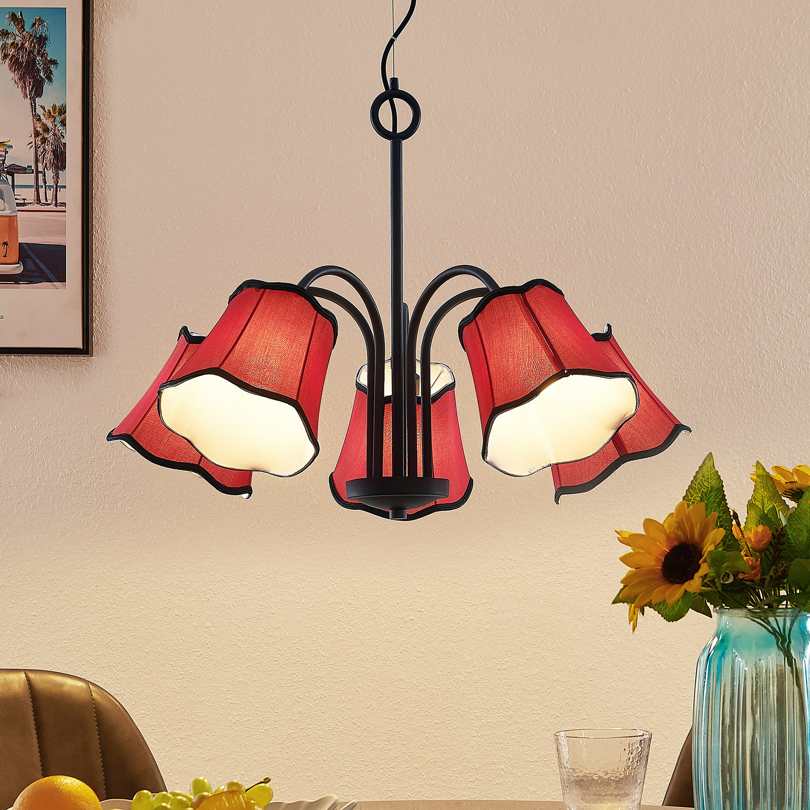 Lucande Binta hanging lamp, five-bulb, rust red