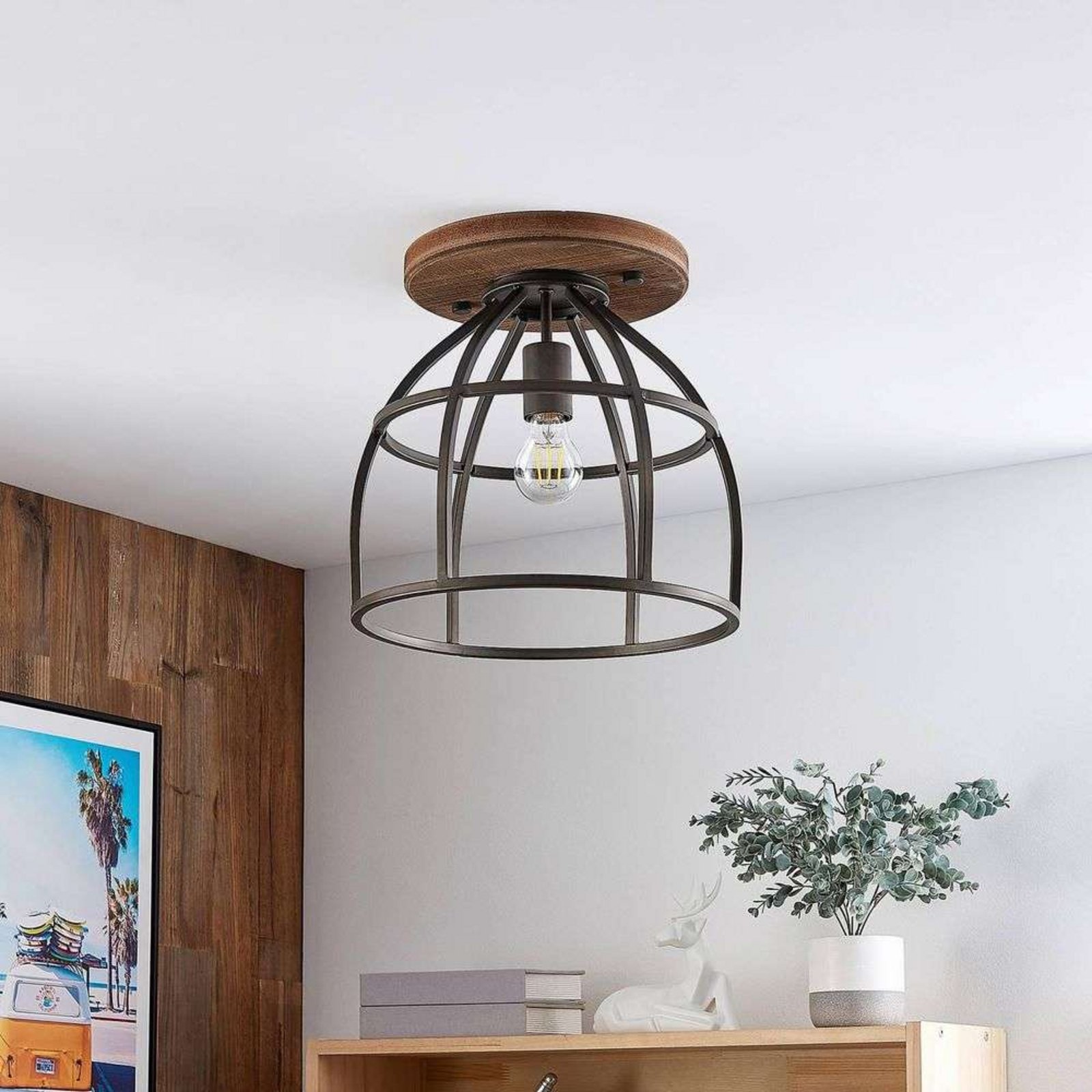 Rutger Round Stropna lampa Drvo/Crna - Lindby