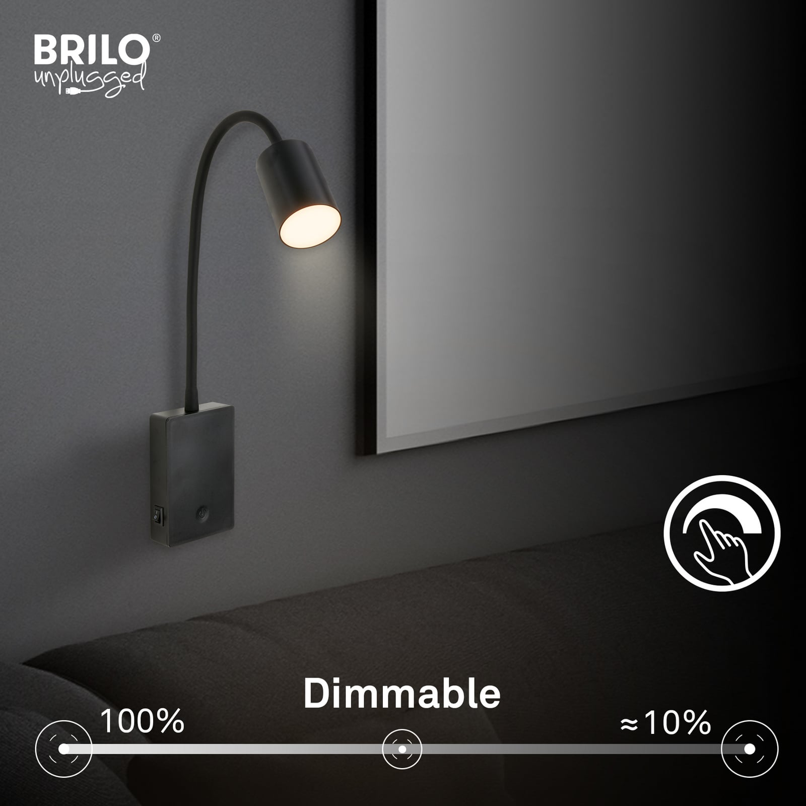 LED-läslampa med batteri Brilo unplugged Smooth, svart, med dimmer LED-läslampa med batteri Brilo unplugged Smooth, svart, med dimmer
