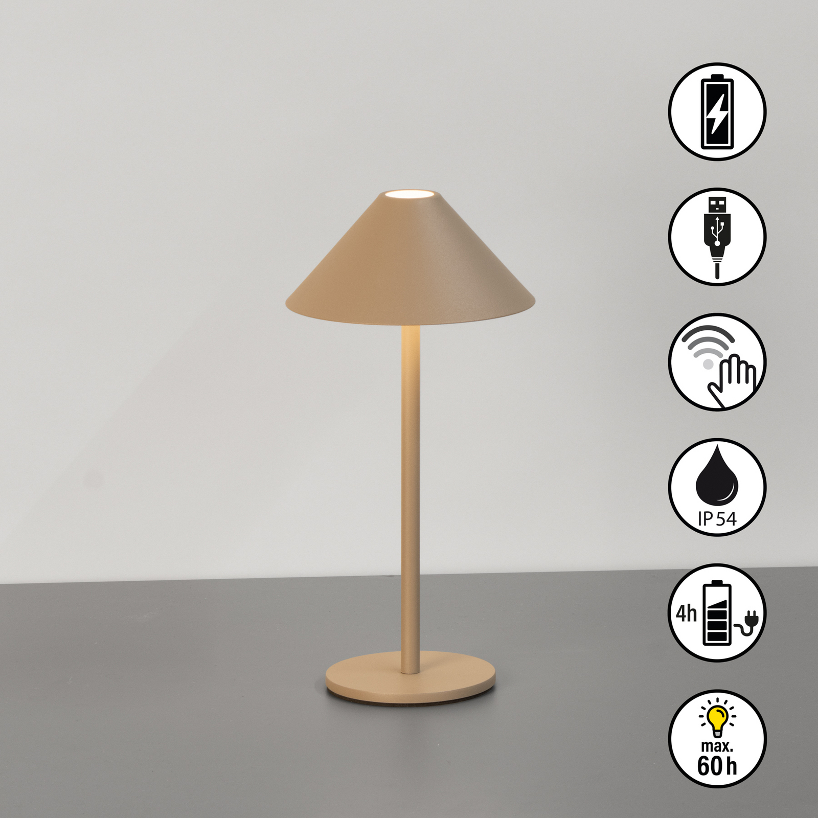 LED-Akku-Tischlampe Prato, greige, Höhe 25 cm Metall IP54