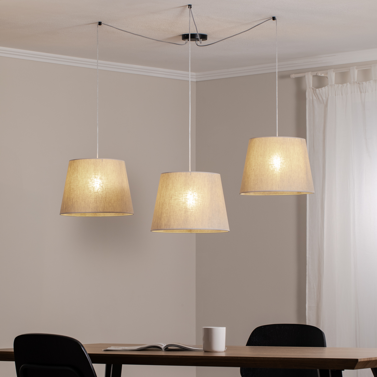 Lampa wisząca Ascot, beżowy, tkanina, 3-punktowa, zdecentralizowana