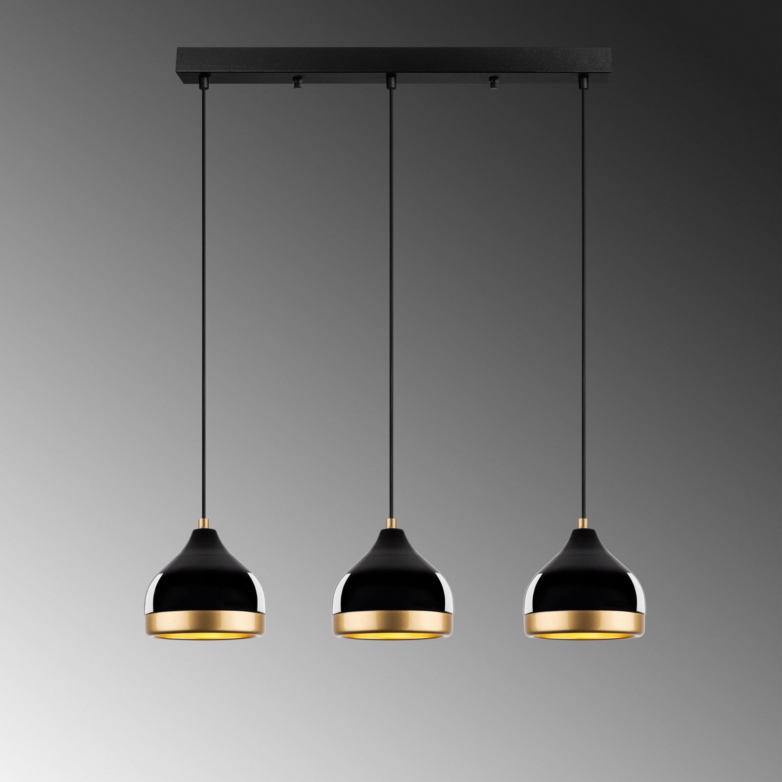 Hängeleuchte Yildo, linear, 3-flammig, schwarz/gold, Metall