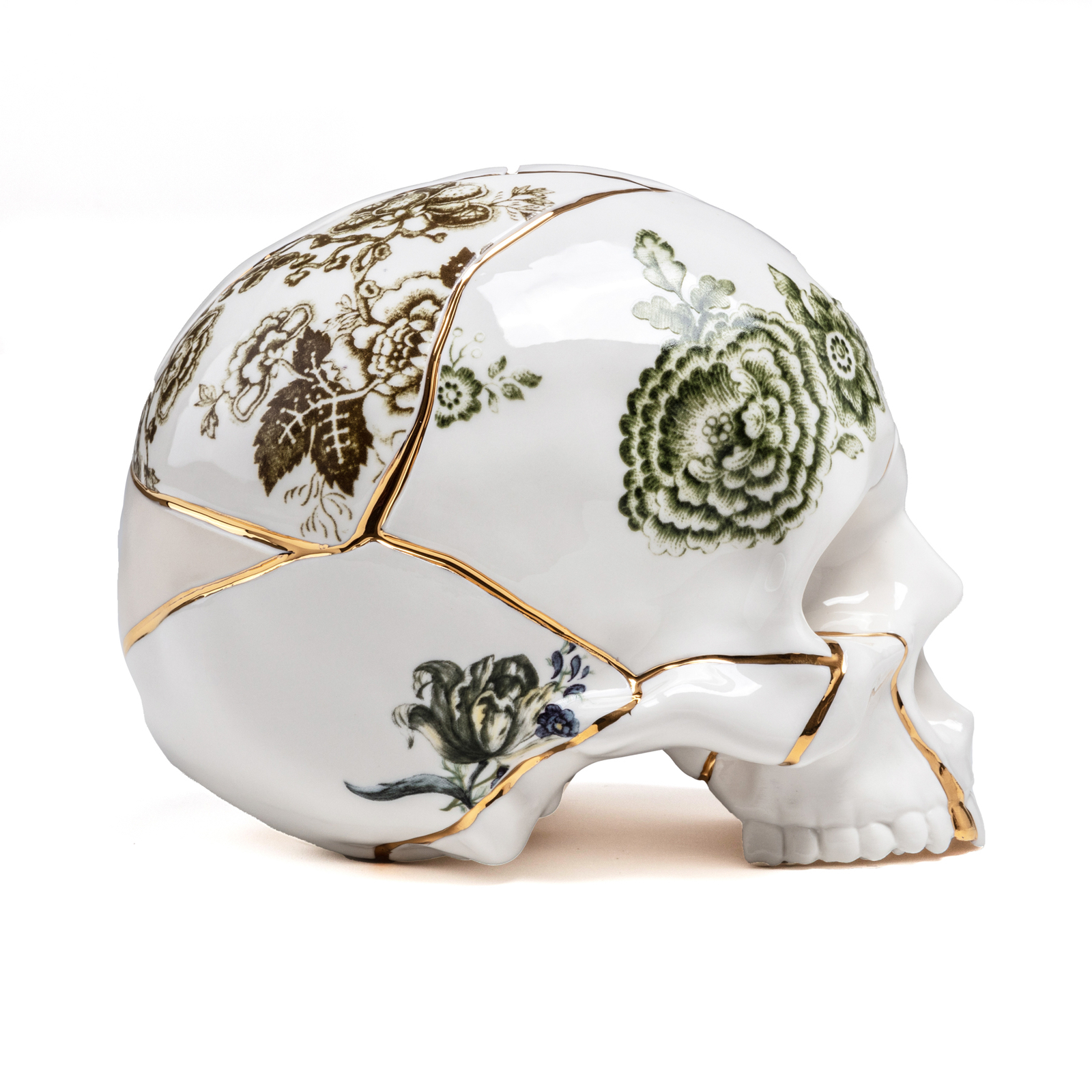 SELETTI Skulptura Kintsugi Skull, bela, porcelan, zlato