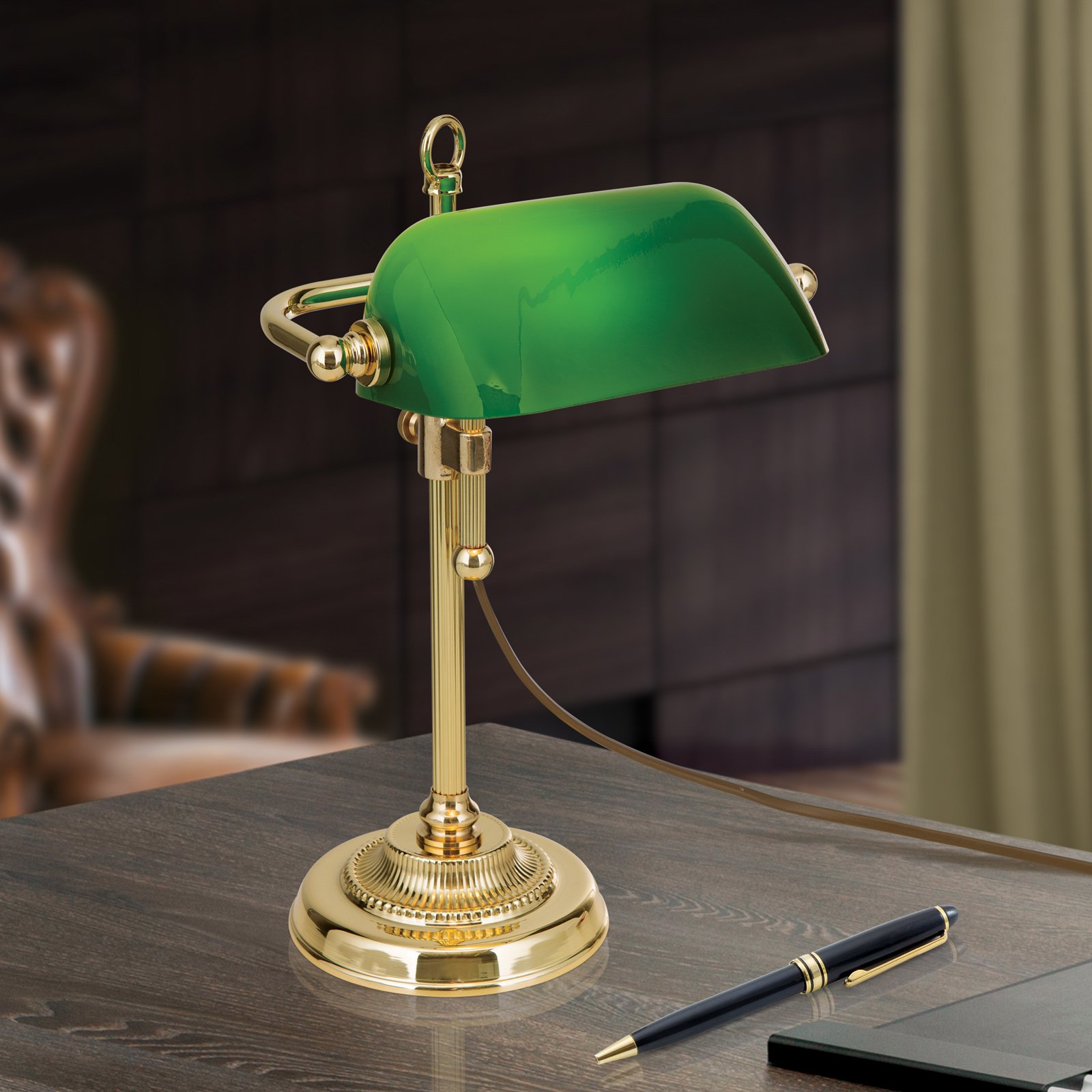 Lampa bankierska Harvard, mosiądz/zielony, 32 cm
