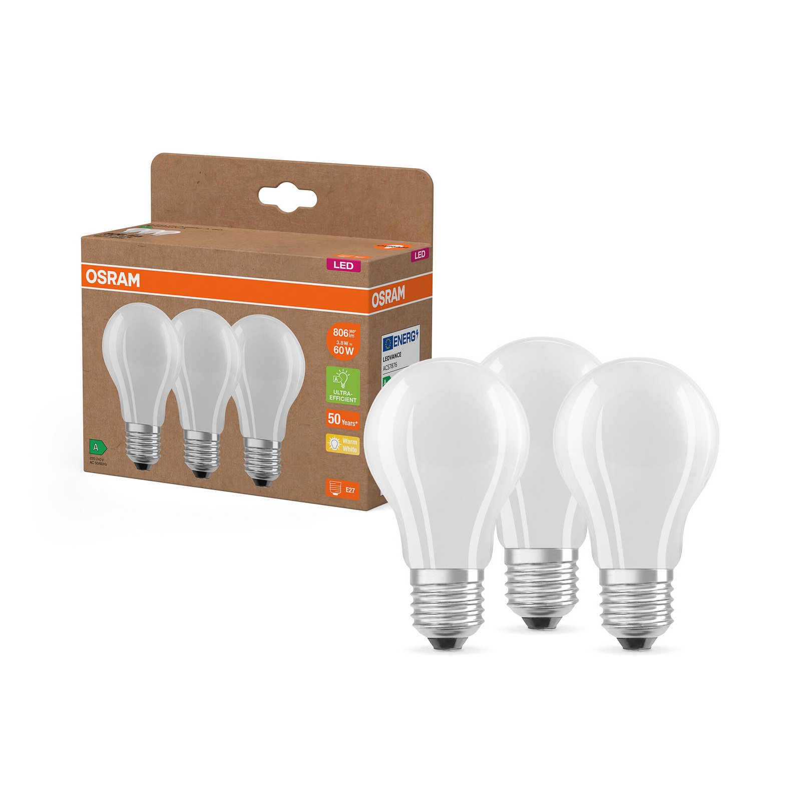 OSRAM żarówka LED matowa E27 3,8W 827 E27 A 3-pak