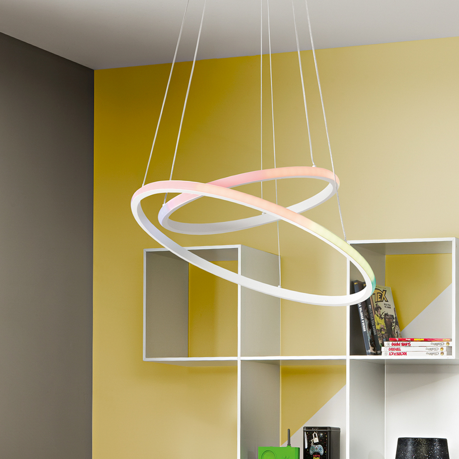 Candeeiro suspenso LED Axis, Ø 60/40 cm, branca, metal, CCT, RGB