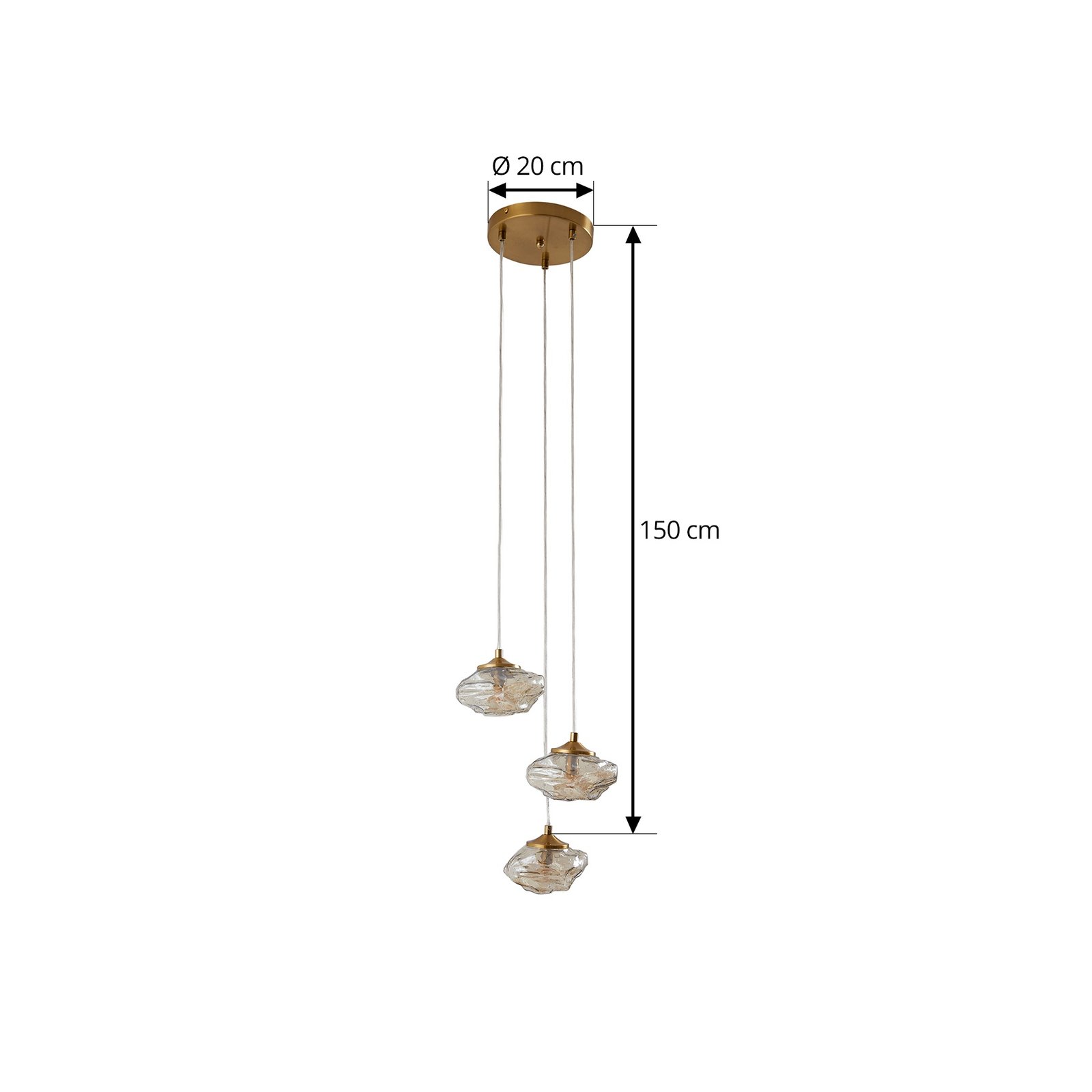 Lindby candeeiro suspenso Piatra, Ø25cm, 3 lâmpadas, conhaque/latão, vidro