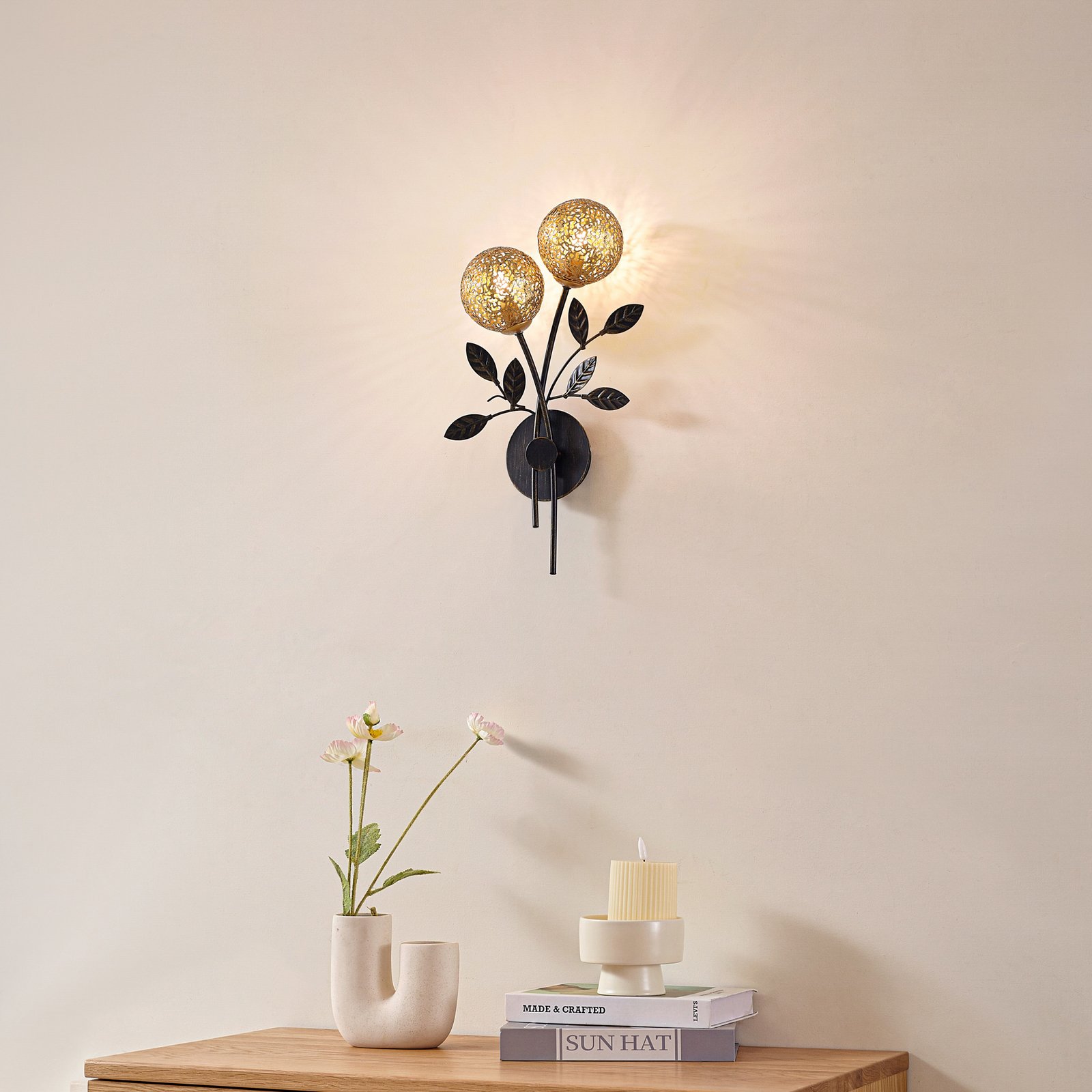 Lucande Evory wall light, 30 cm, 2-bulb, black/gold, G9