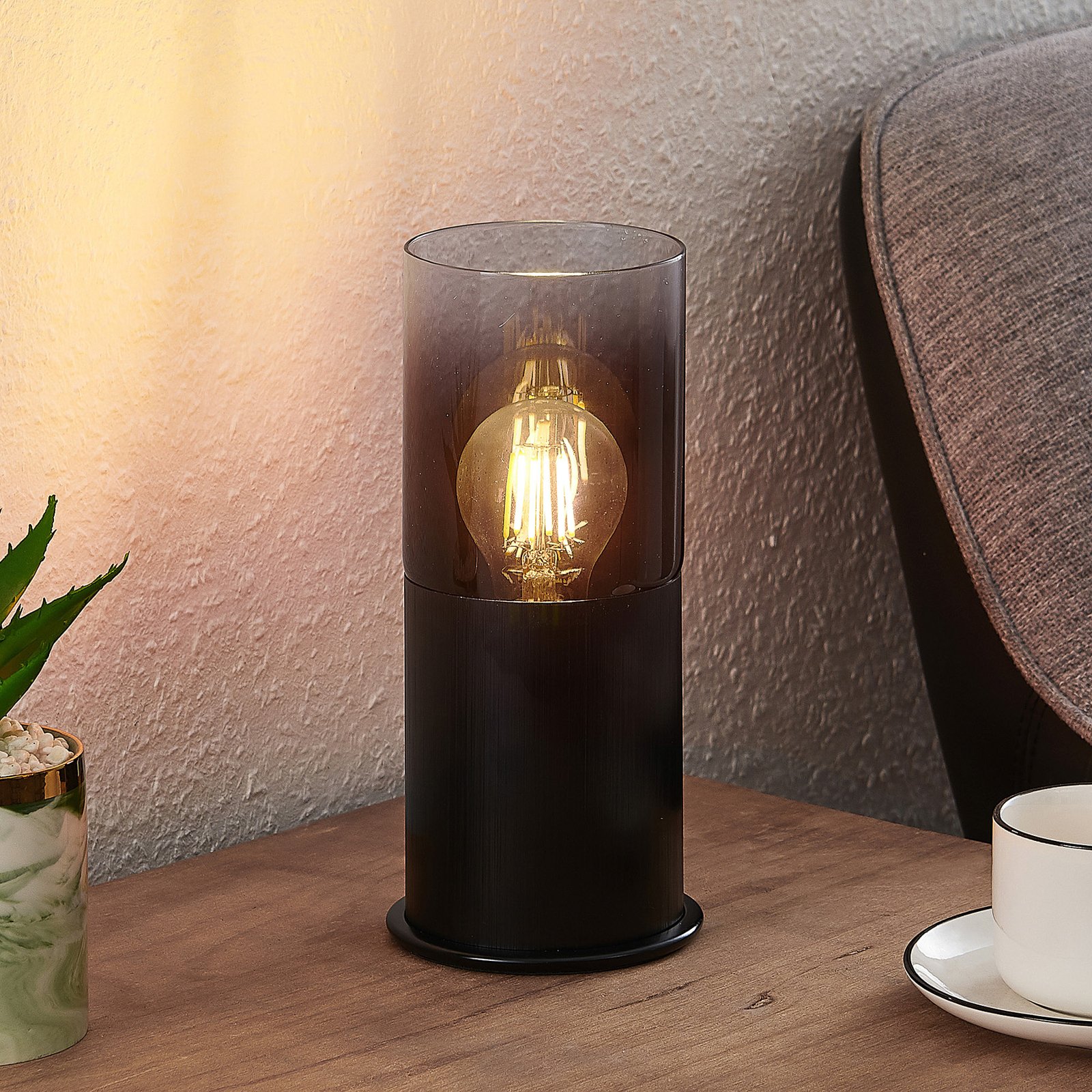 Lindby Berral table lamp, smoked glass, cylinder