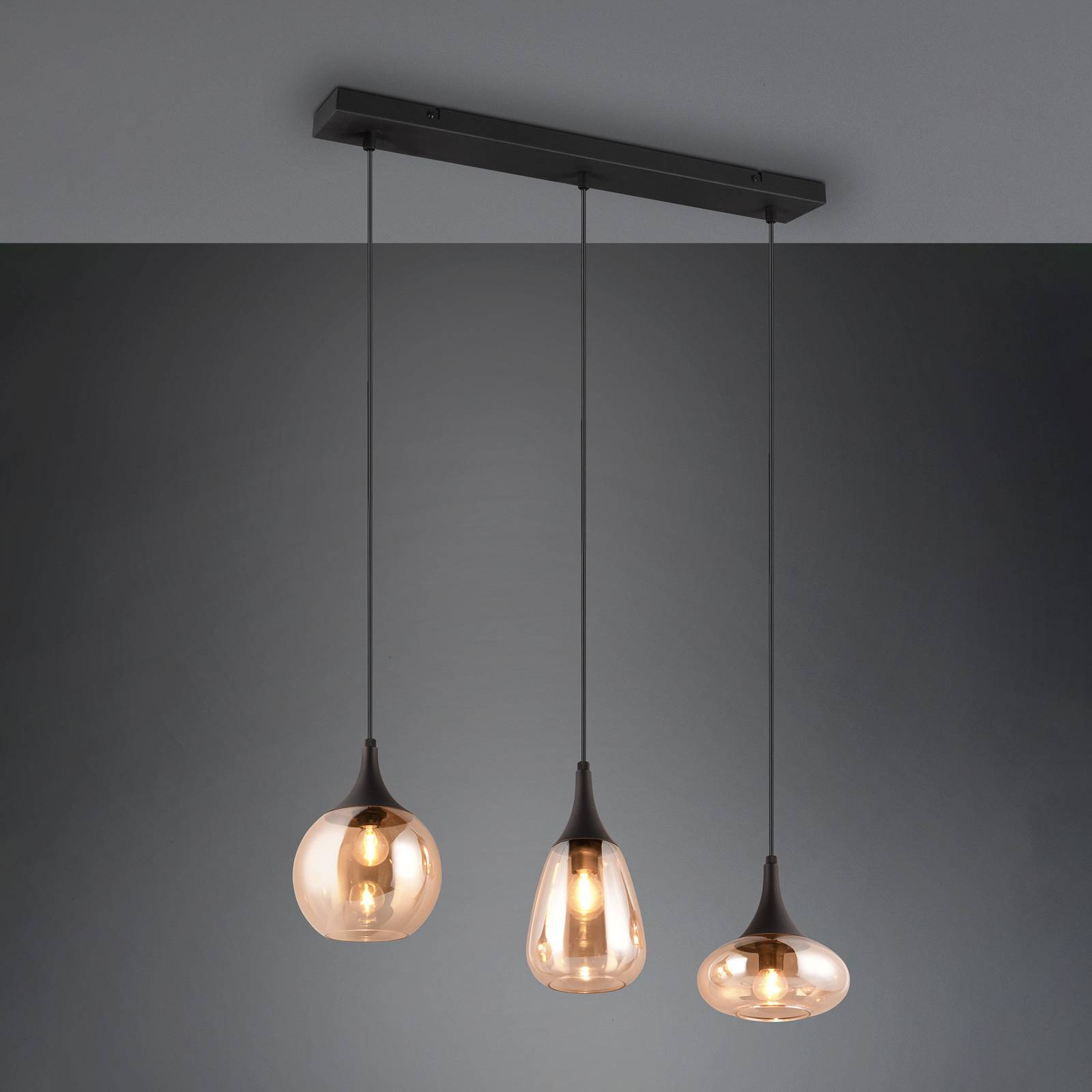 Trio Lighting Suspension Lumina 3 lampes noir/ambre verre