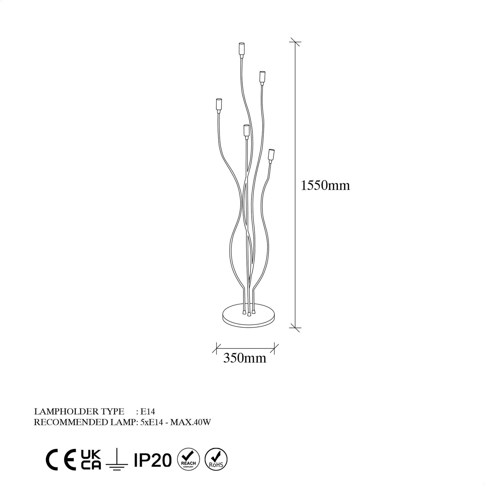 Lampadaire Bonibon 13231 noir métal hauteur 155 cm à 5 lampes