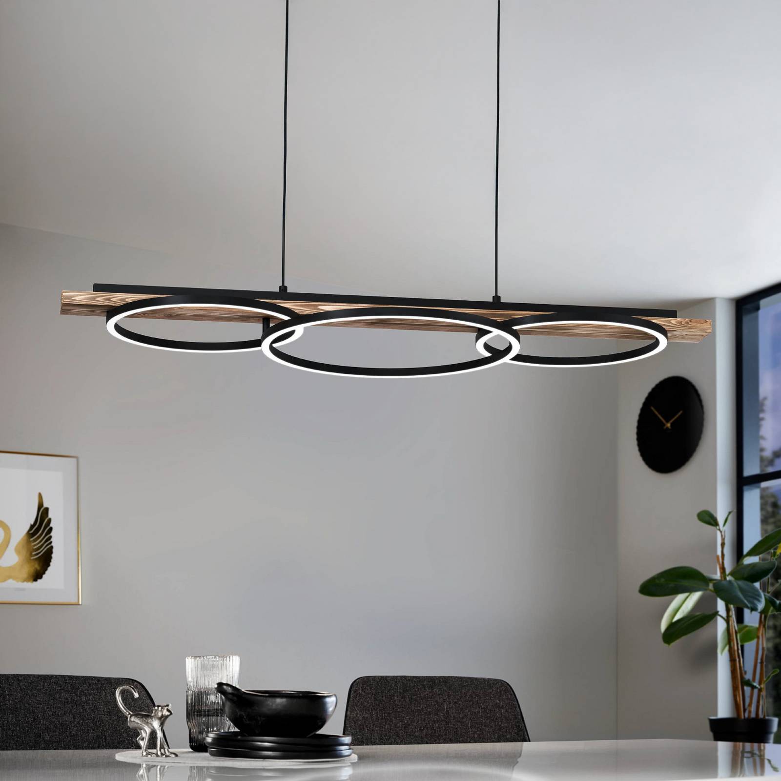 Lampa wisząca LED Boyal, brązowa, długość 101 cm, drewno, 3-punktowa.