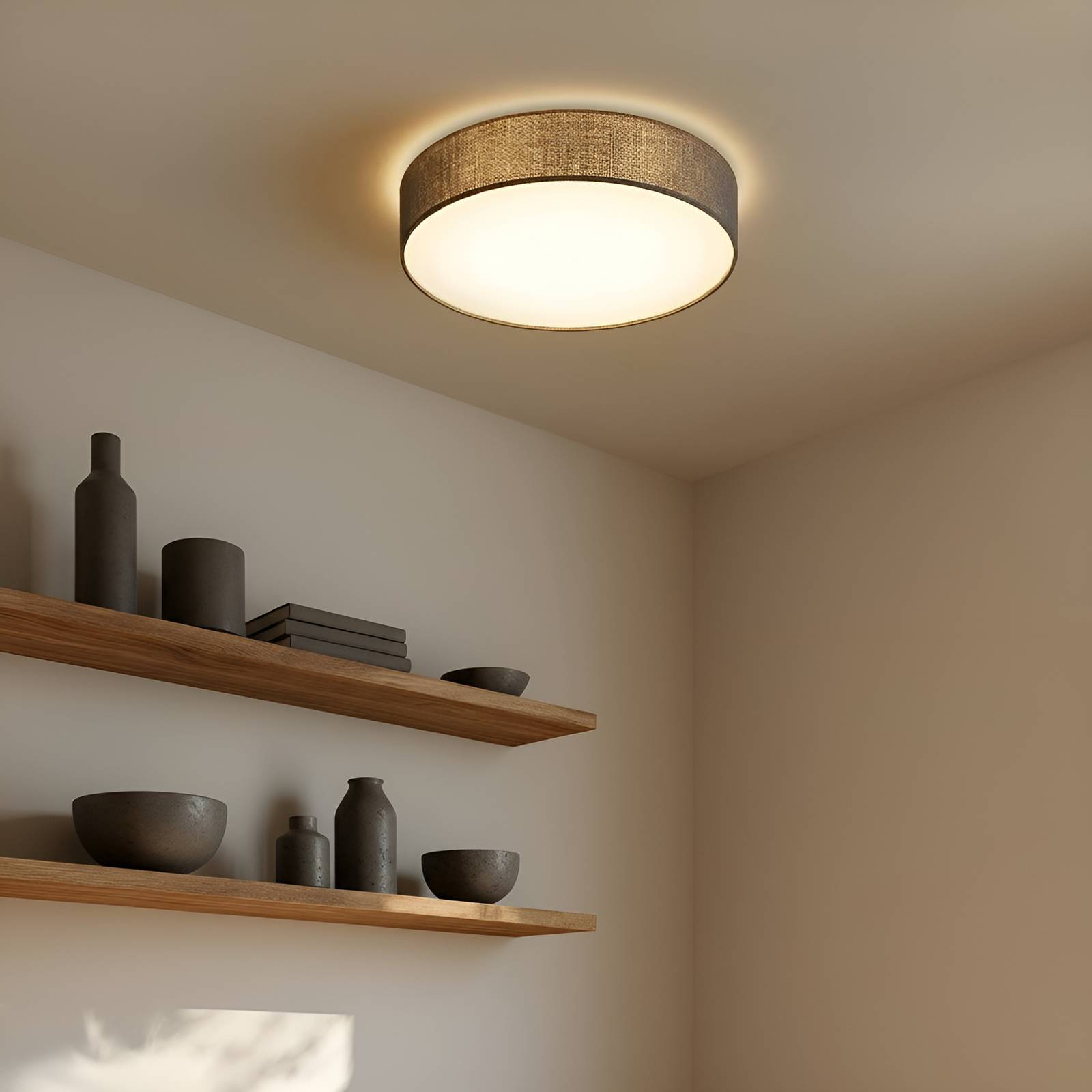 Lindby Deckenleuchte Sebatin, Ø 50 cm, grau, Stoff, E27 günstig online kaufen