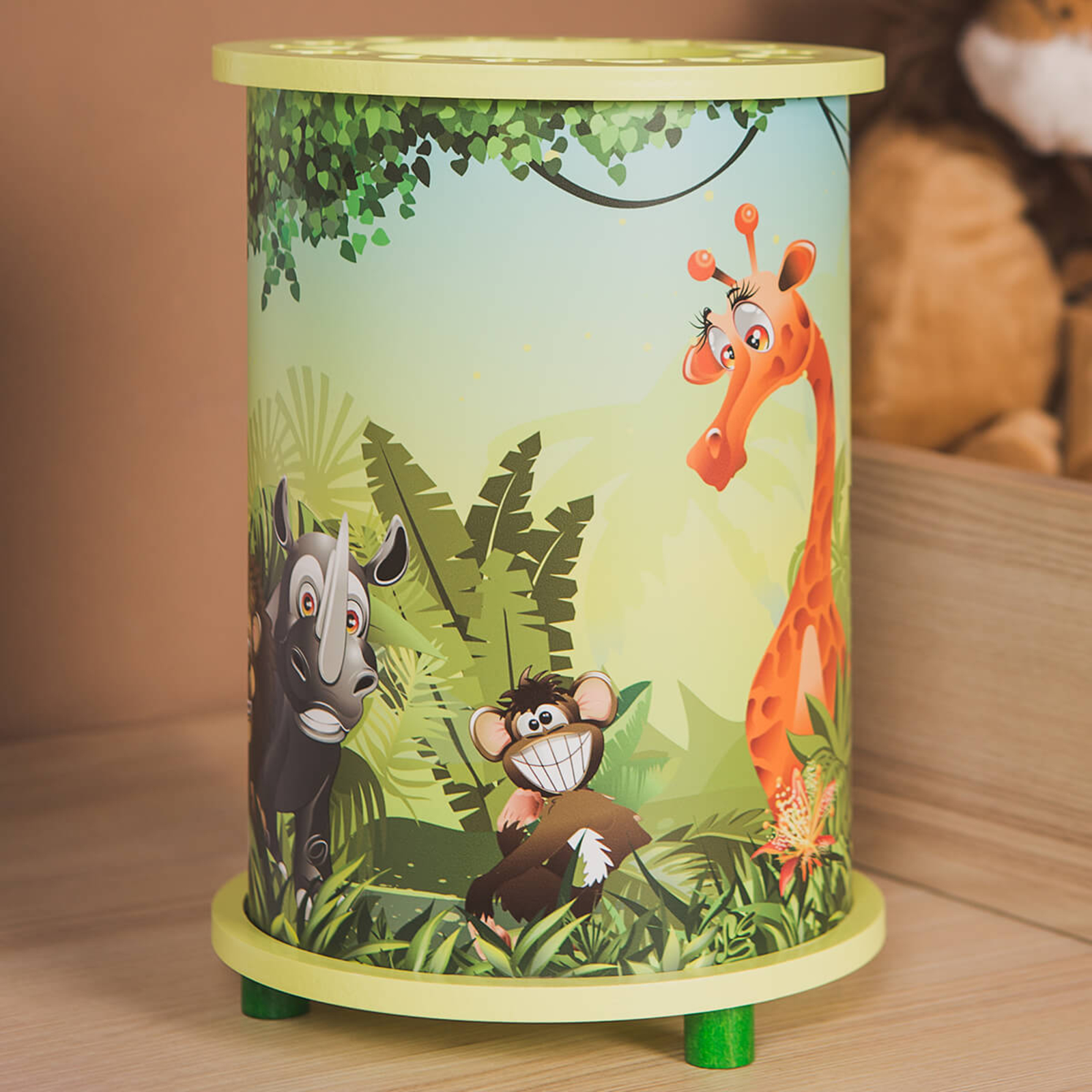 Elobra Wildlife table lamp printed with animal motifs, for Children's Room, wood, plastic, E14, 40 W, energy efficiency: A++, H: 25 cm